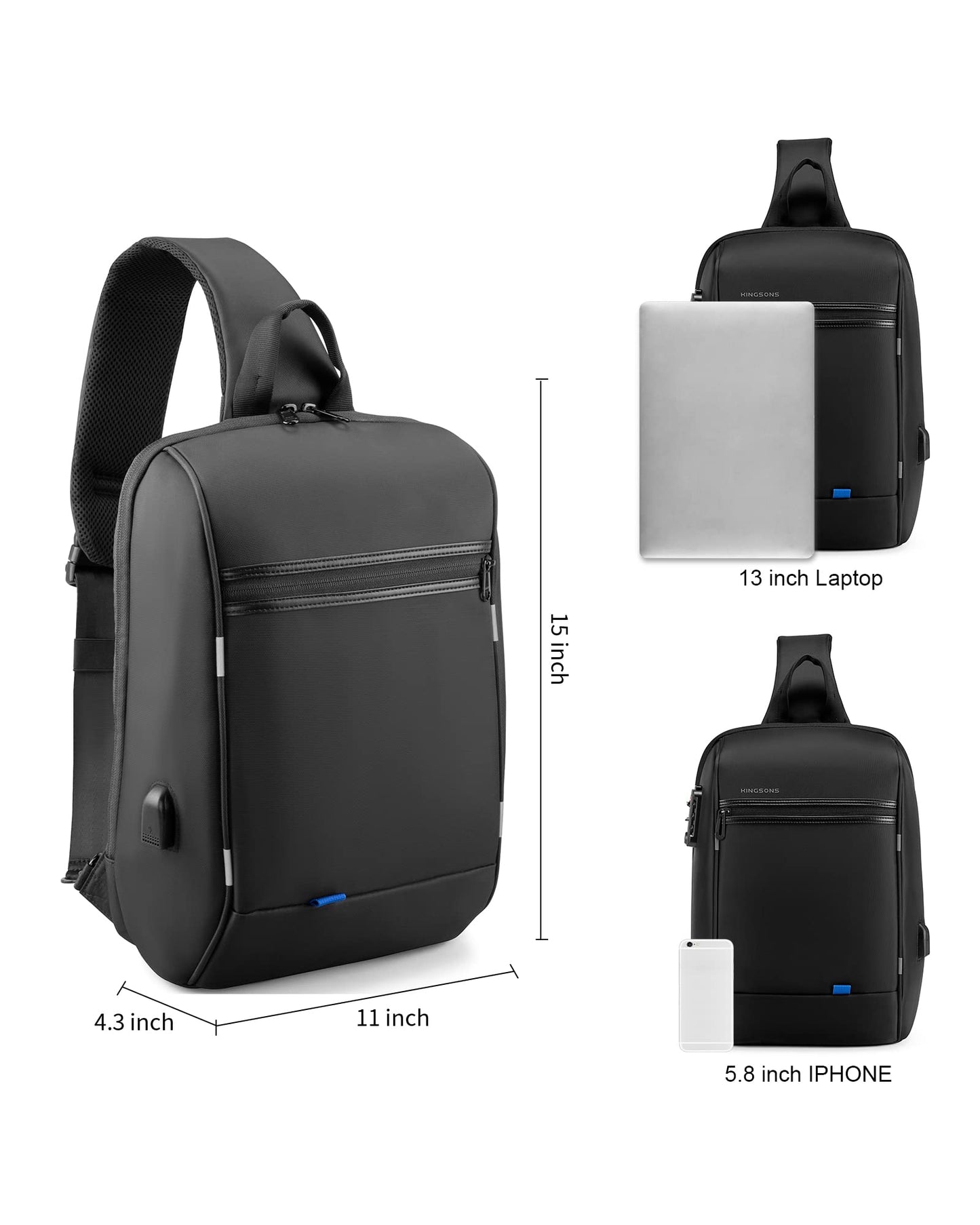 Laptop Sling Backpack,Slim Anti Theft Single Shoulder 13-Inch Laptop Backpack Waterproof Coss-body Sling Bag with USB Charging Port