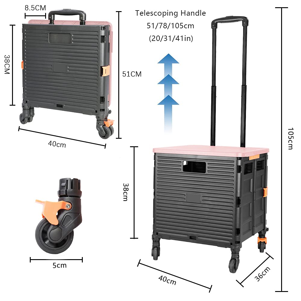Foldable Utility Cart Folding Portable Rolling Crate Handcart with Durable Heavy Duty Plastic Telescoping Handle Collapsible 4 Rotate Wheels for Travel Shopping Moving Luggage Office Use (Black+Pink)