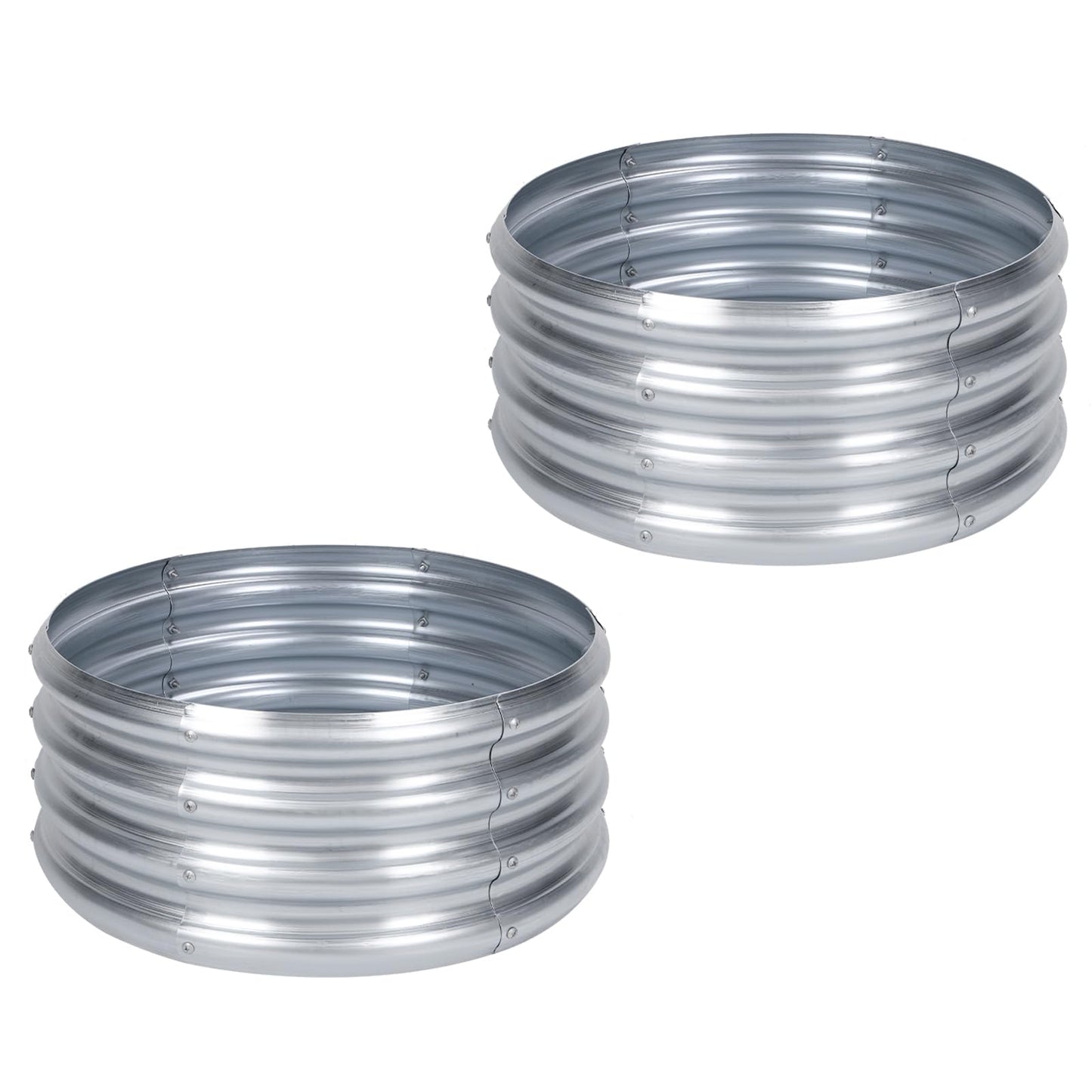 PINPON 2 Pack 2x2x1ft Round Galvanized Raised Garden Bed Outdoor, Silver Metal Planter Box for Vegetables, Herbs, Flowers