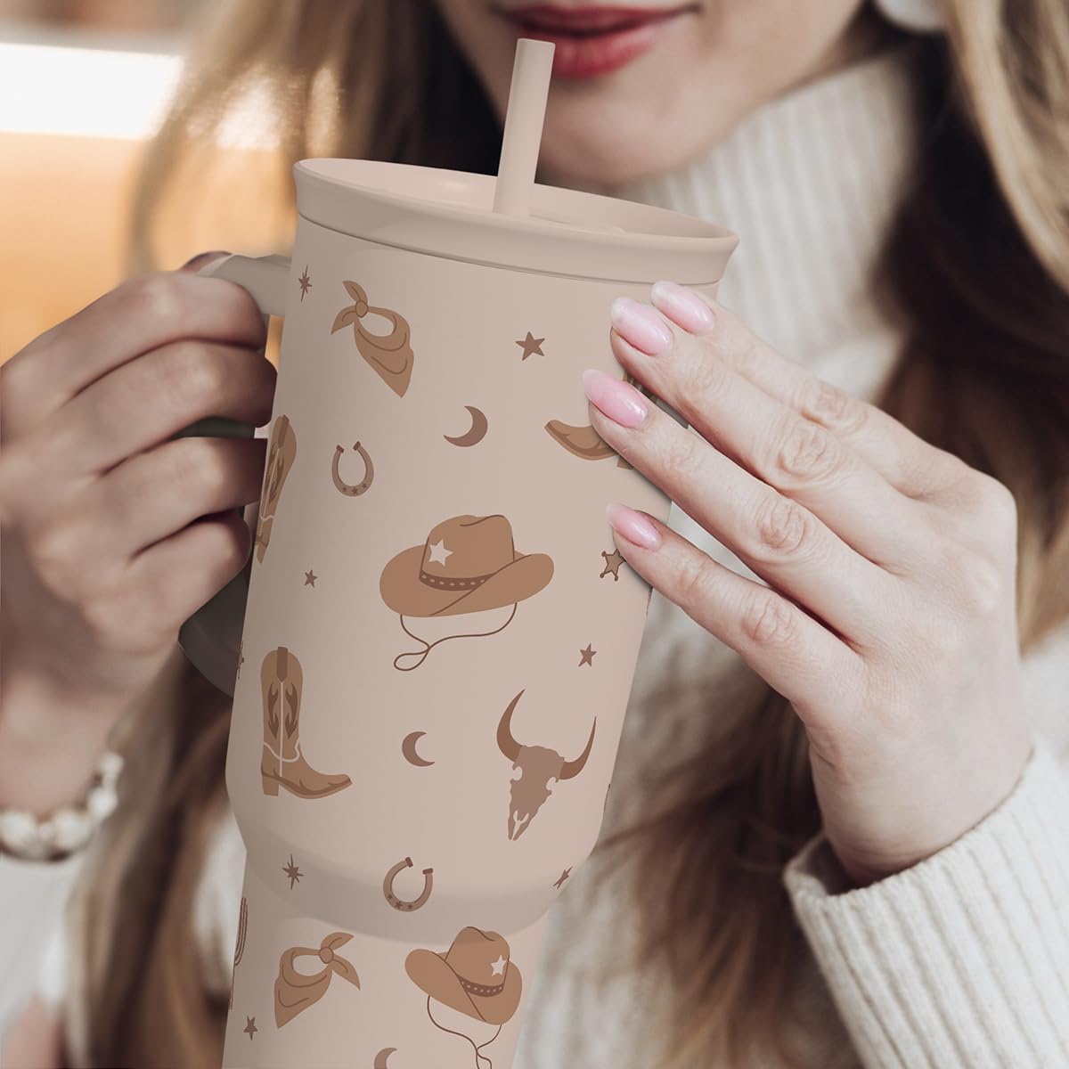 SANDJEST Cowgirl Tumbler 40oz for Women Girls – Stainless Steel Travel Coffee Mug Cup with Handle and Straw, Gift for Birthday Christmas