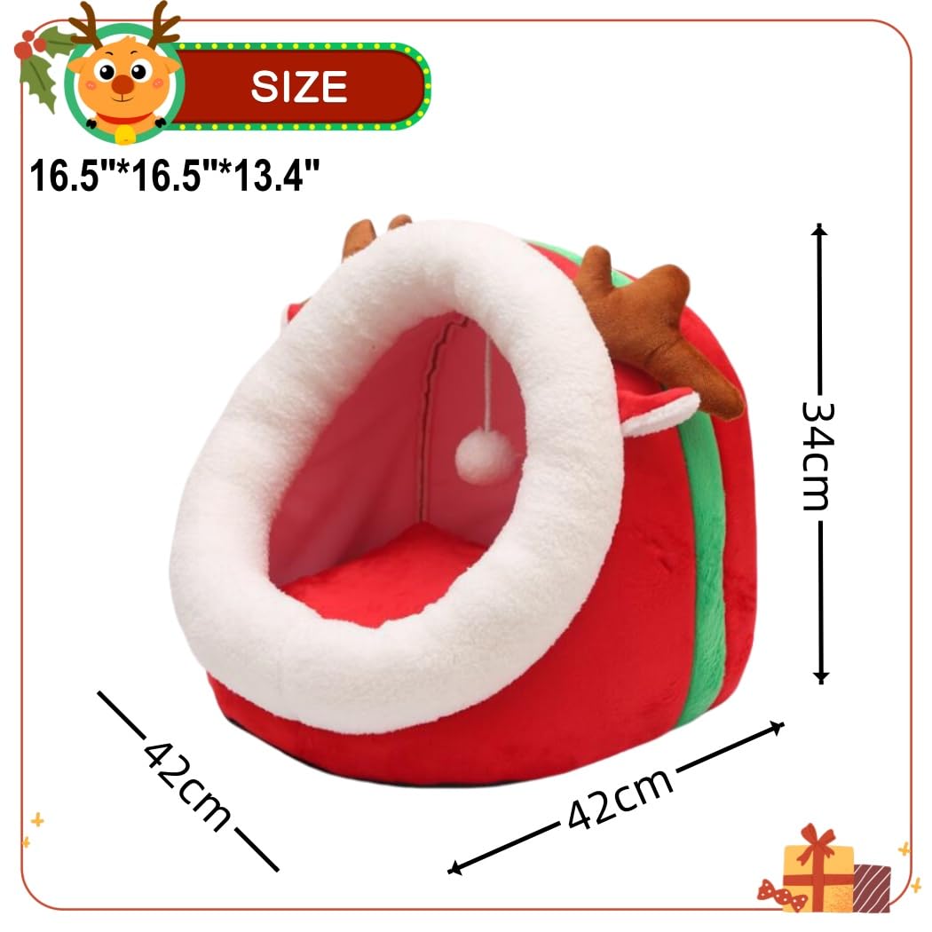 Christmas Cat Bed for Indoor Cats, Semi-Enclosed Cat Cave Foldable Cat House with Removable Washable Cushion Cute Xmas Reindeer Ped bed with Hanging Plush Toy Ball for Cats Small Dogs Playing Sleeping