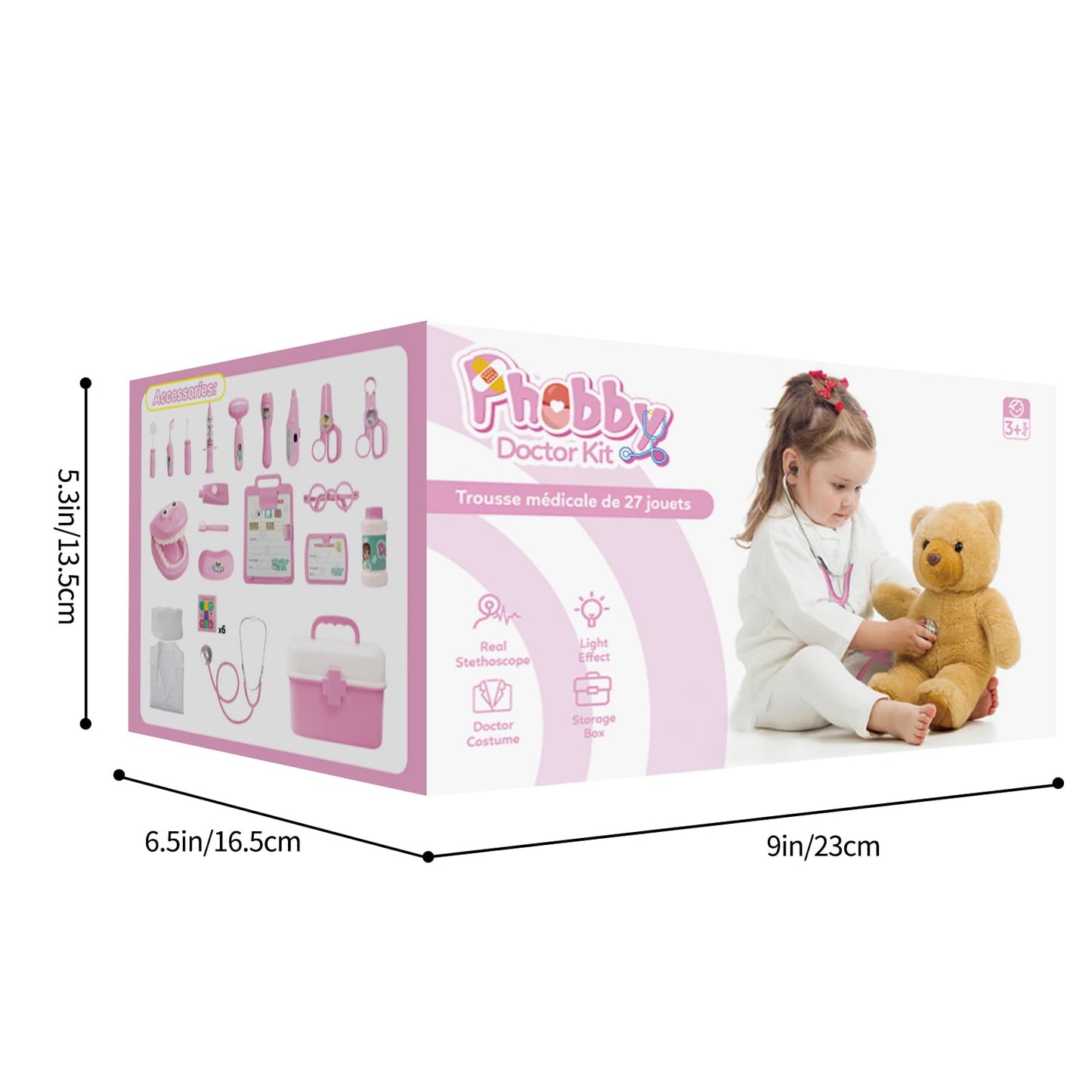 Phobby Durable Doctor Kit for Kids, 27 Pcs Deluxe Pretend Play Medical Kit Toy with Real Stethoscope, Doctor Kit for Toddlers Boys Girls Christmas Birthday Gift Aged 3 4 5 6 7 8(Pink)