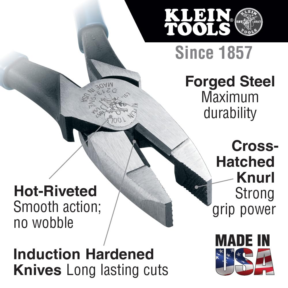 Klein Tools D213-9NE Pliers, 9-Inch Side Cutters, High Leverage Linesman Pliers Cut Copper, Aluminum and Other Soft Metals