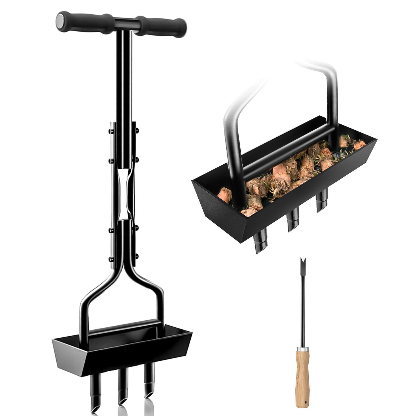 Lawn Aerator Garden Tool with Soil Core Tray, 38” Manual Grass Plug Aerators & A Cleaning Tool, Coring Aeration Tools with 3 Tines for Gardening, Soil Compaction, Lawn Yard Care, Patented Black