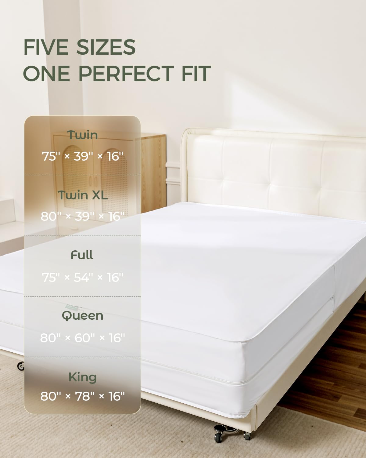 FAUNNA Zippered Mattress Encasement, 100% Cotton Bed Bug and Dust Mite Proof Protector, Six-Sided Noiseless Cover, White (Full 16" Deep)