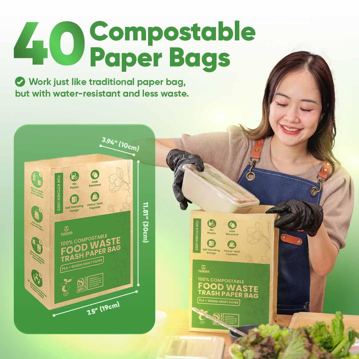 Kitchen Food Waste Bags – 40 bags – 100% Compostable Paper – Leak-resistant liner – Completely Plastic-free & Environmentally Friendly – Certified by BNQ & BPI - 40 Brown Paper Compostable Bags (40)