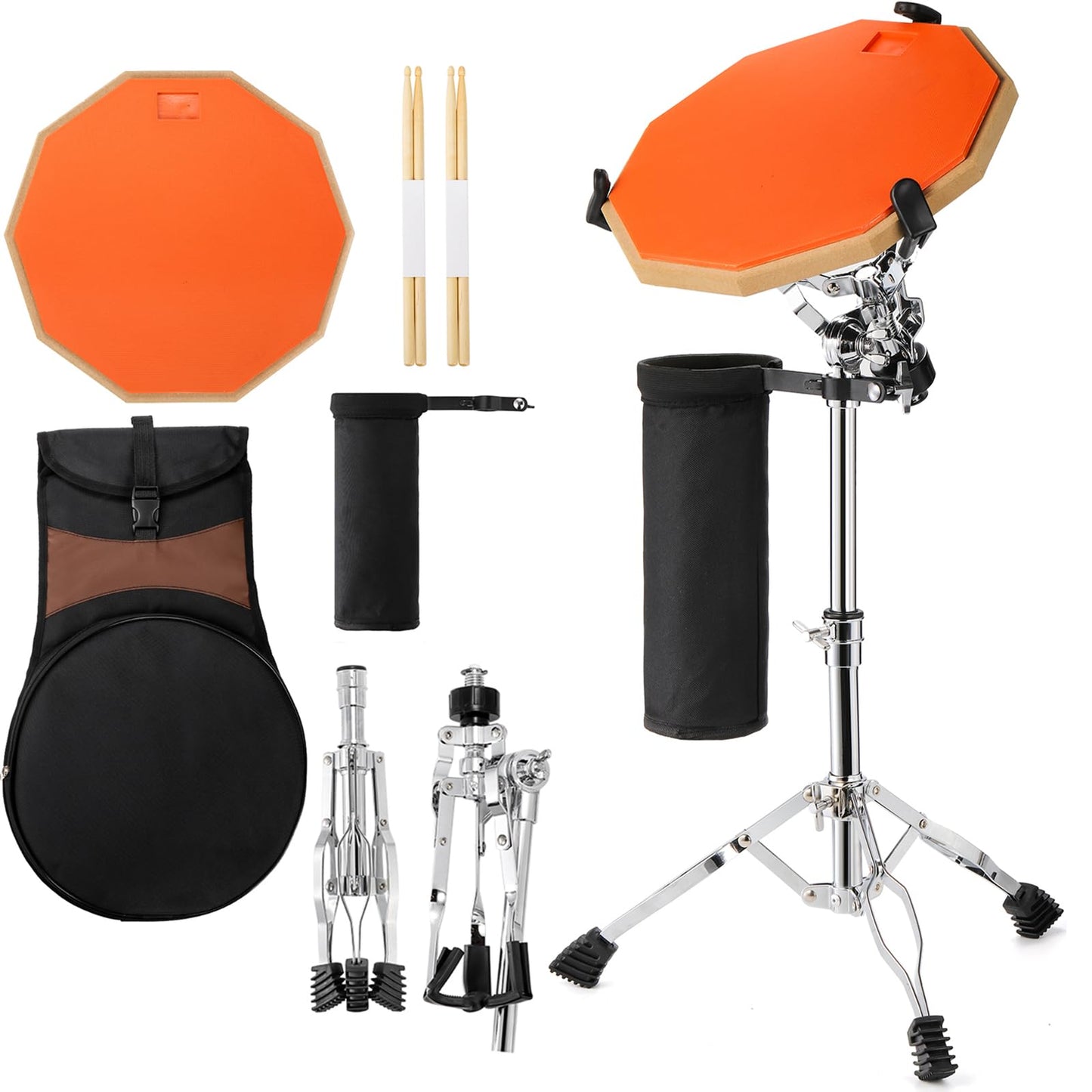 YOUEON 12" Double Side Silent Drum Pad Set with Stand, Drumsticks, Holder, and Carry Case, Fits 10"-14" Drums, Orange and Black