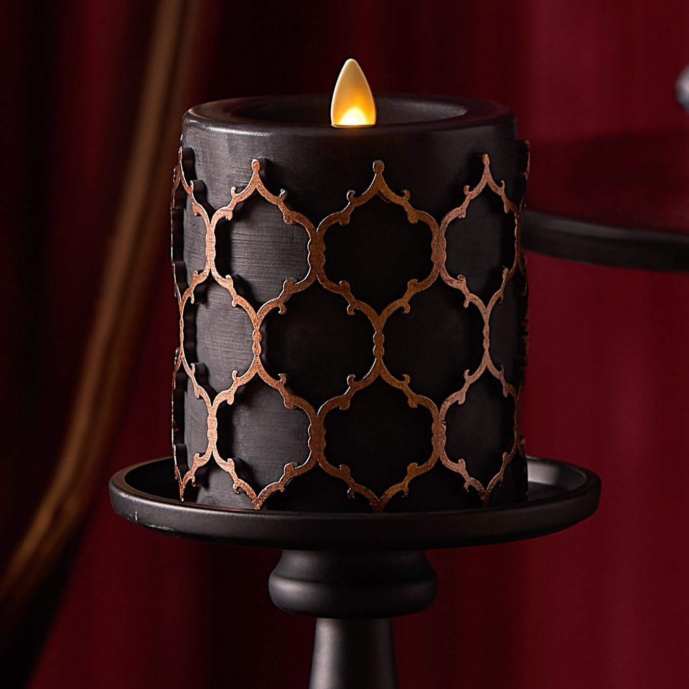 Luminara Embossed Fretwork Pillar Flameless LED Candle, 3.5" x 4.5", Moving Flame, Safe Timer Feature, Real Wax, Battery Operated Home Décor (Black)