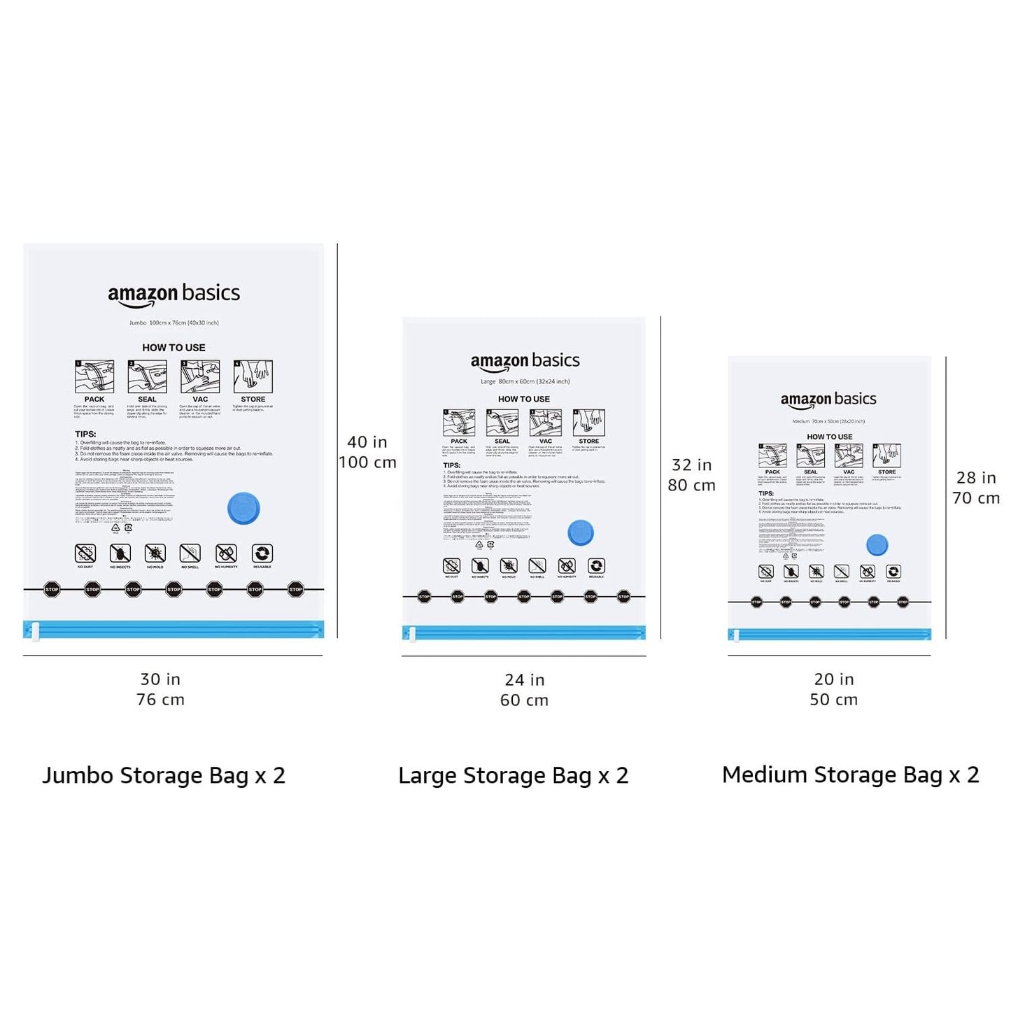 Amazon Basics Vacuum Compression Storage Bags with Hand Pump - 6-Pack (2 Jumbo, 2 Large, 2 Medium)