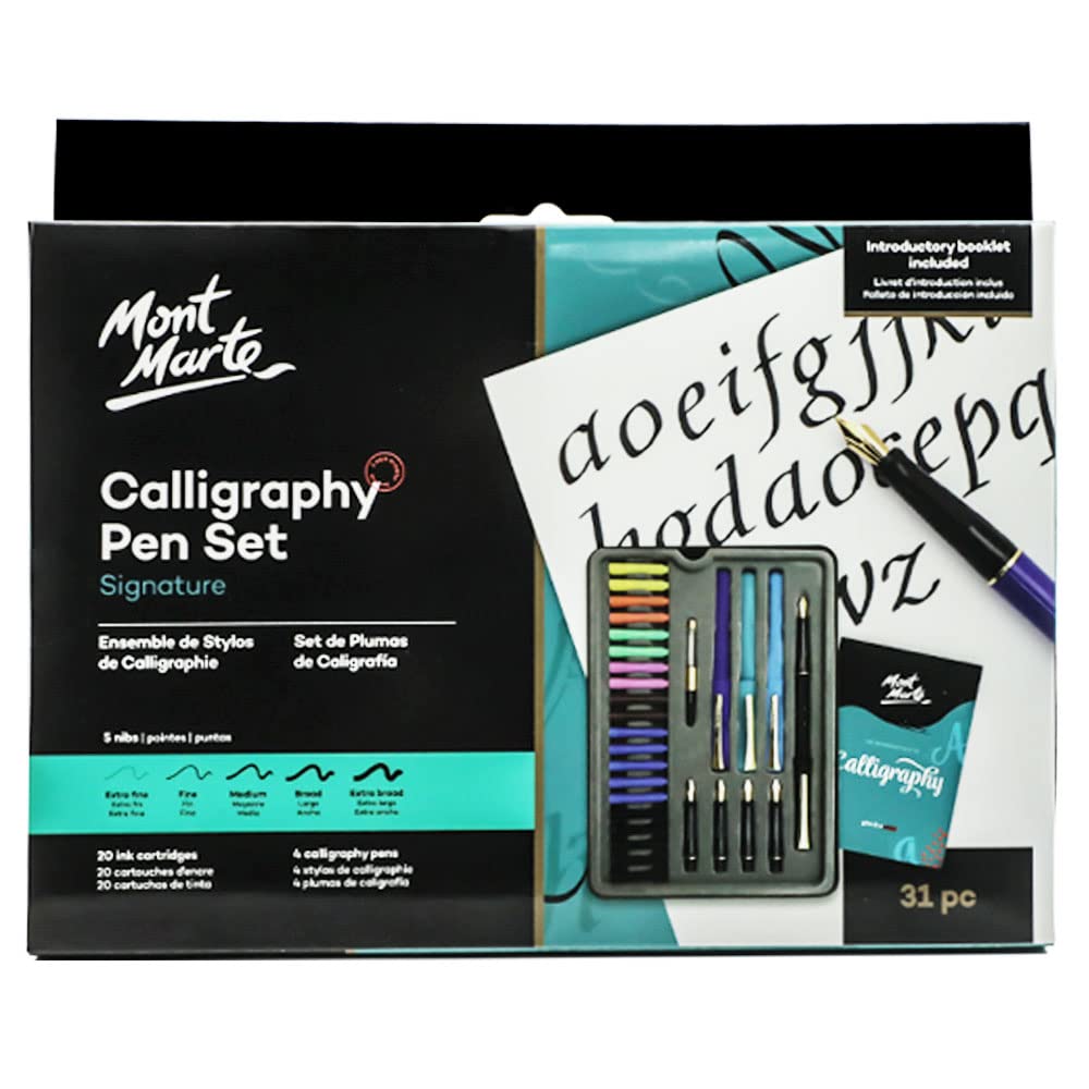 Mont Marte Calligraphy Set 33 Piece. Includes Calligraphy Pens, Calligraphy Nibs, Ink Cartridges, Introduction Booklet and Exercise Booklet.