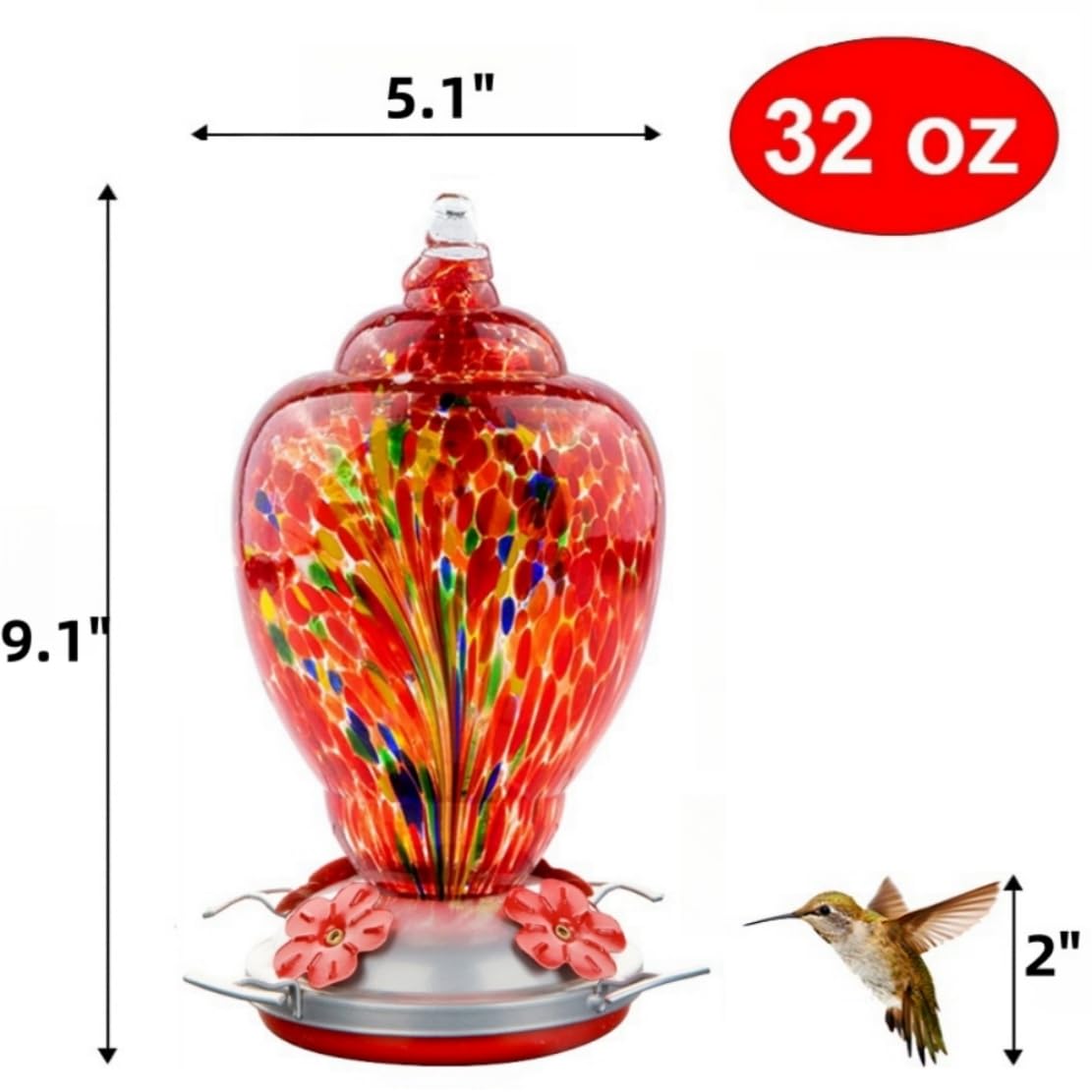 REZIPO Hummingbird Feeder Hand Blown Glass Bird Feeder for Outdoors Patio Large 32 Ounces Hummingbird Nectar Capacity with Hanging Hooks, Rope, Brush and Service Card