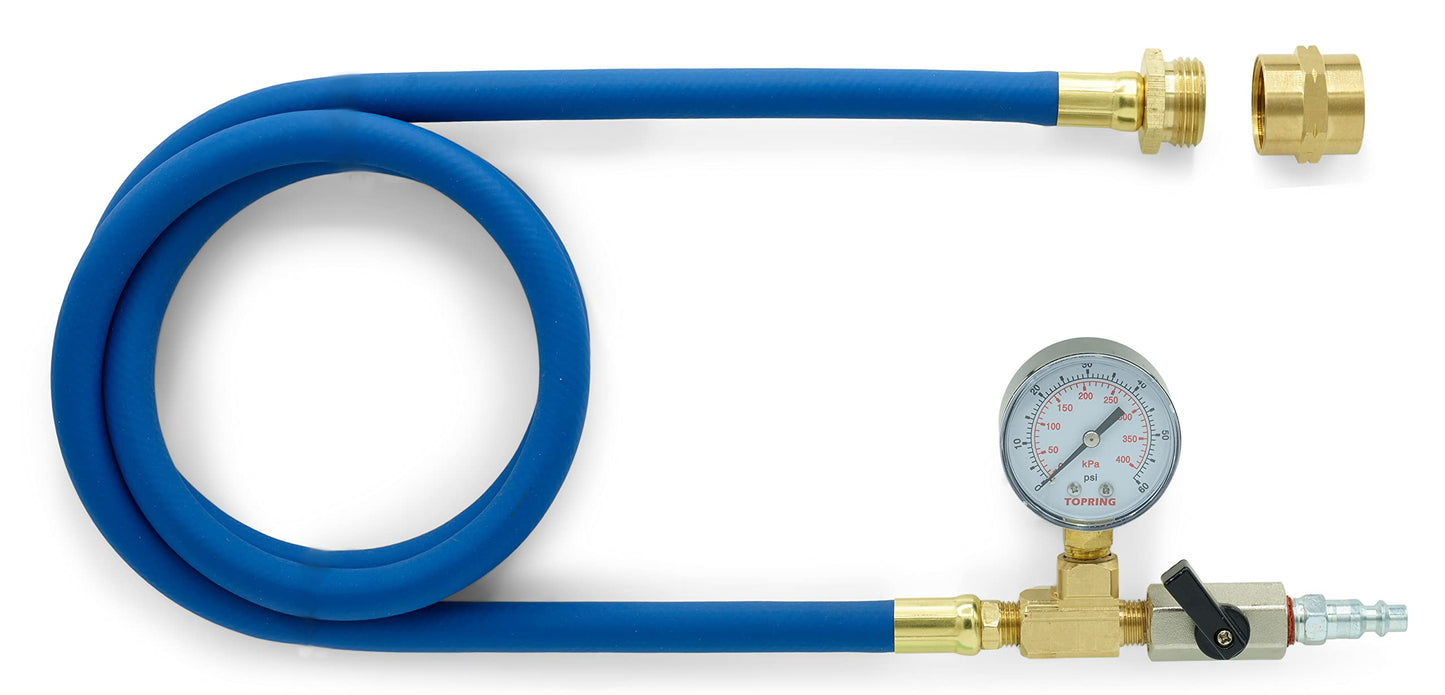 TOPRING Long Hose Air Compressor Water Blow Out Adapter with Integrated Pressure Gauge. RV Winterizing Kit with Male and Female GHT connectors (Blue)