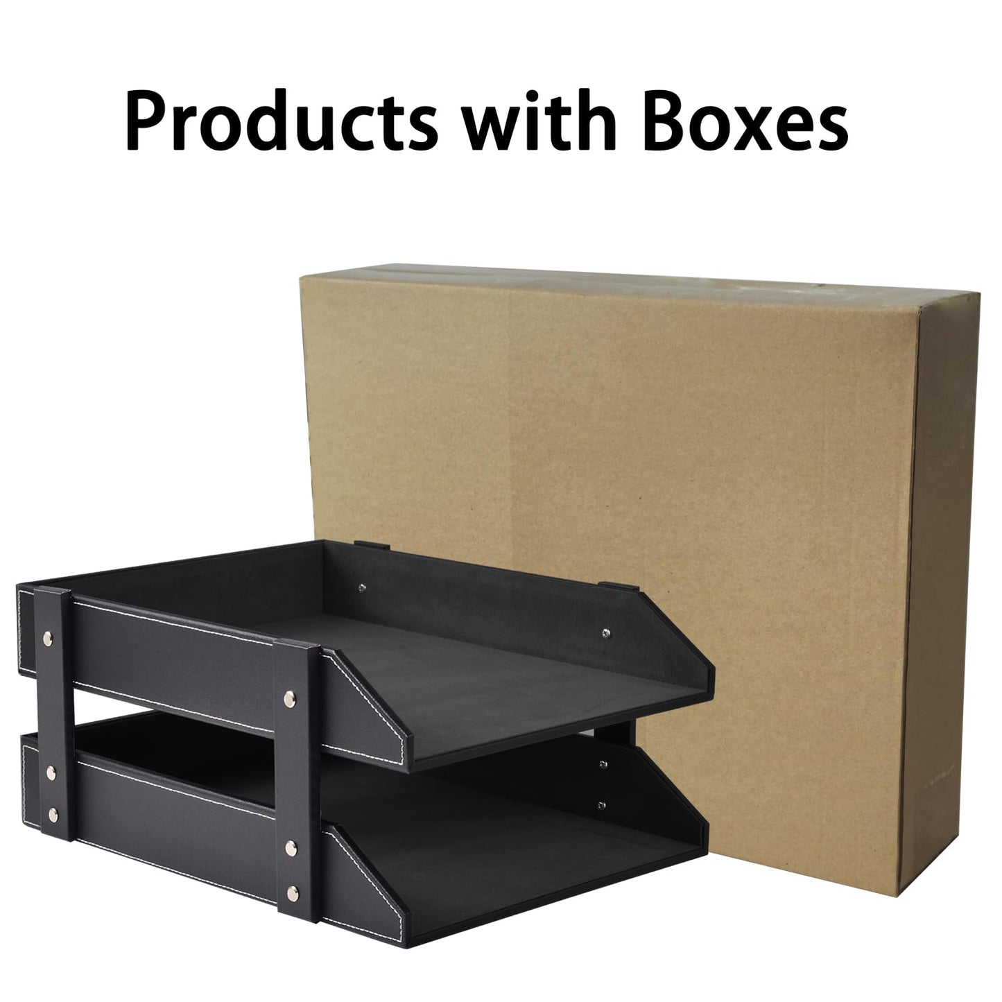 Leather Desk File Supply Organizer,Stackable Office File Document Tray for Files, Folder, Stationery, Magazine, Newspaper, Mail, Home Sundries Desktop Organization Holder,Black