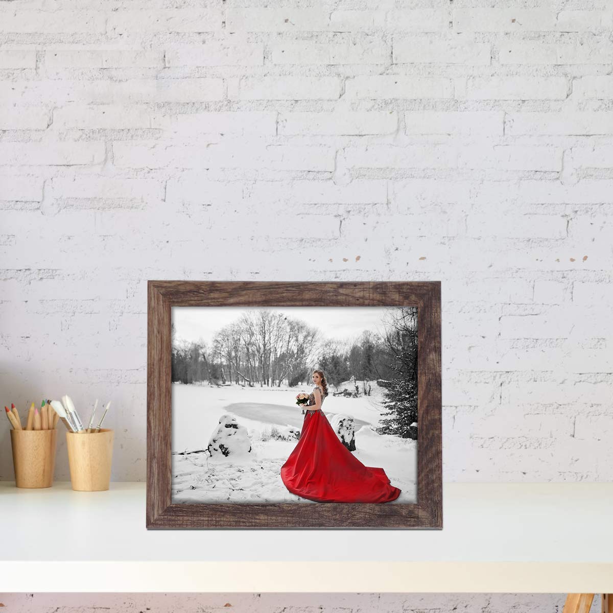 Q.Hou 8x10 Picture Frame Wood Patten Rustic Brown Photo Frames Packs 4 with High Difinition Plexiglass for Tabletop or Wall Decor (QH-CA8X10-BR)