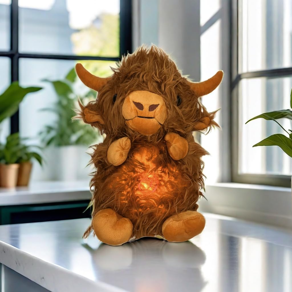 Soothing Snuggle Cute Highland Cow Stuffed Animal with Realistic Breathing Action and Lighted Music, Sleeping Cow Plush Toy (13.5-inch)