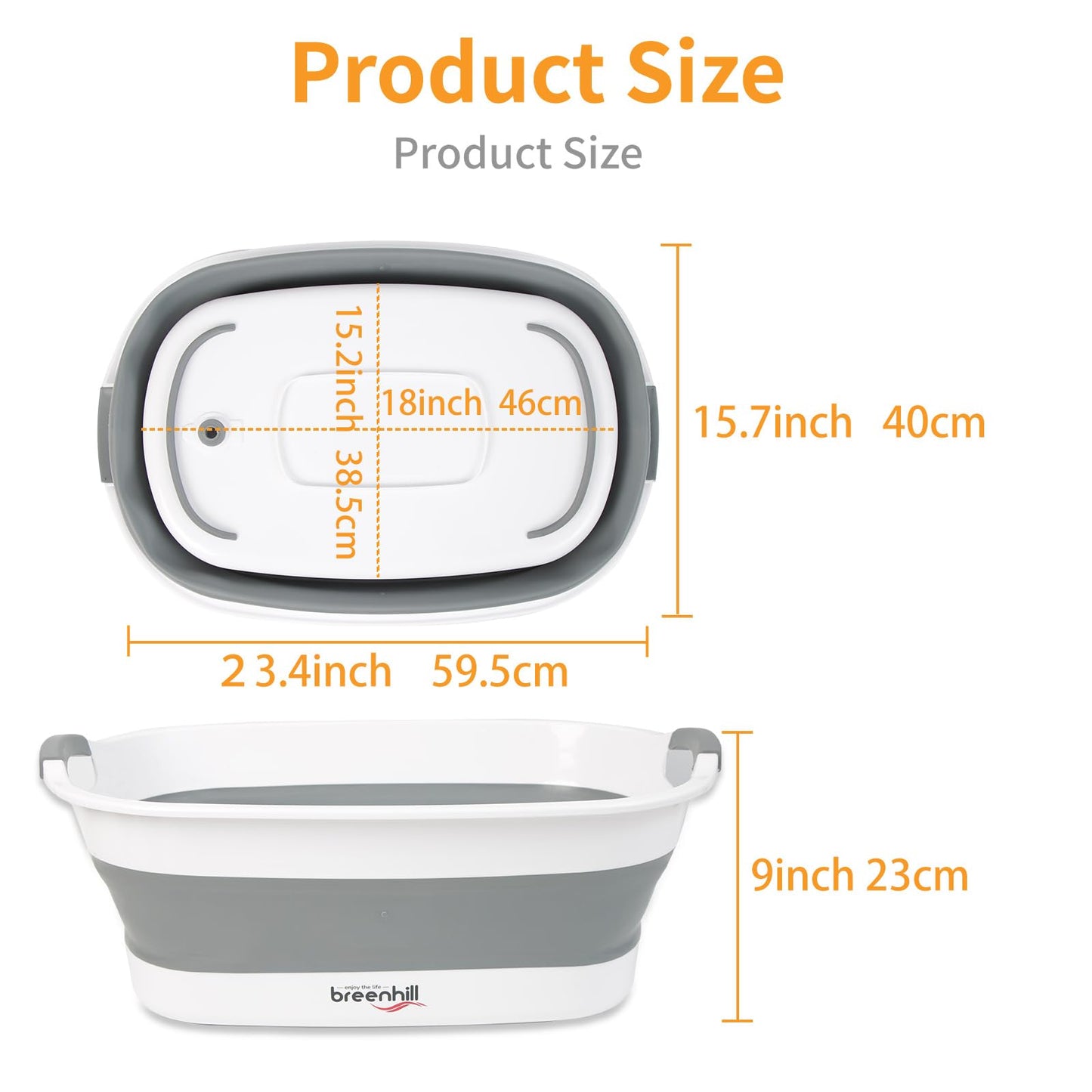 BREENHILL Collapsible Dog Bath Tub for Small Dogs & Cats, Portable Puppy Bath Tub with Water Drain Plug, Space Saving Foldable Pet Bathtub for Indoor & Outdoor Use, Grey