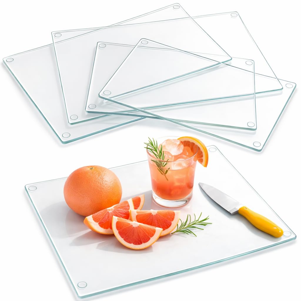Hacaroa 4 Pack Tempered Glass Cutting Board with Rubber Feet, Rectangle Non-slip Chopping Board, Long Lasting Clear Glass Tray for Kitchen Countertop, Table, Shatter-Resistant, Heat-Resistant, 2 Size