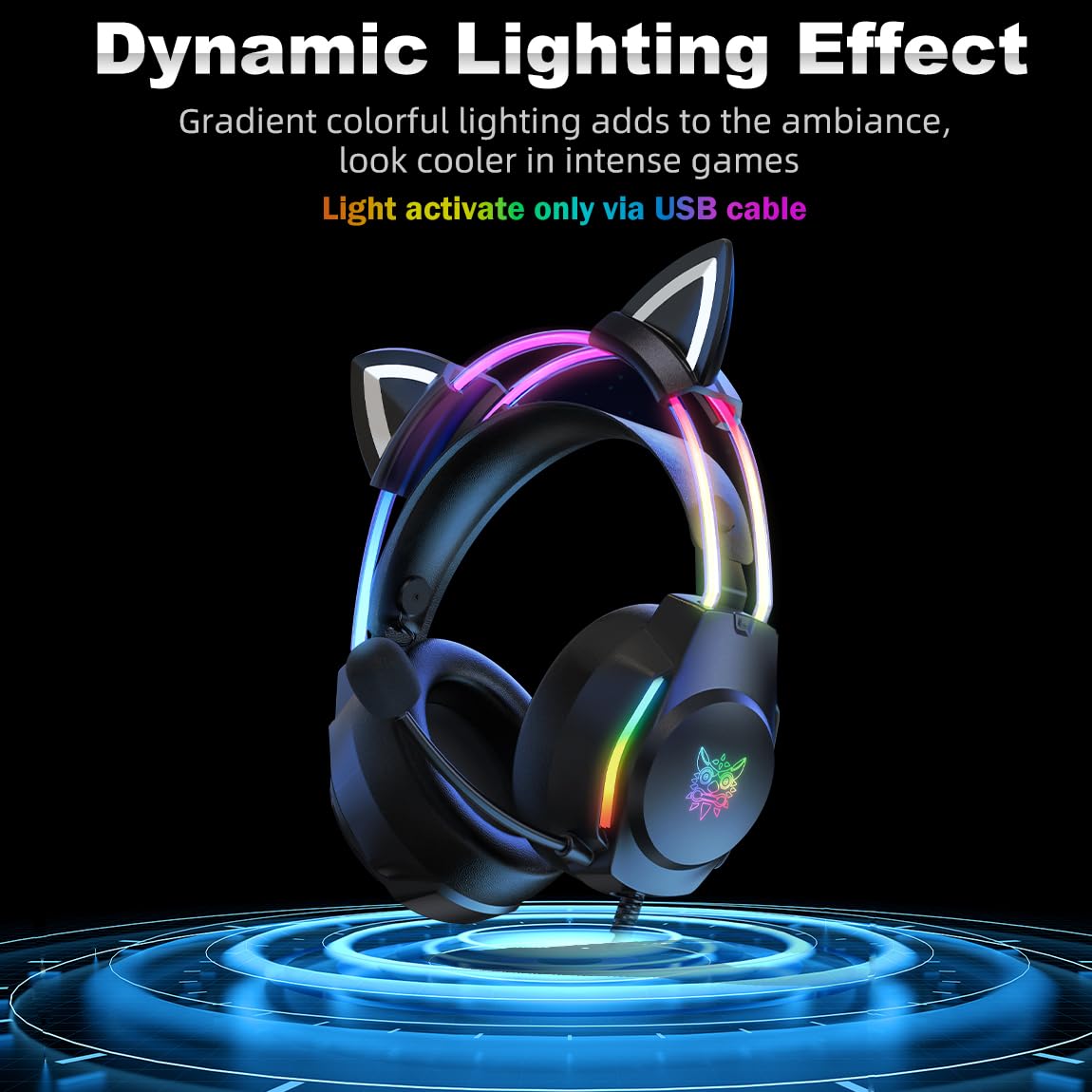 Gaming Headset with Microphone, Cat Ears Headphones for PC/PS4/PS5/Switch, RGB Backlight & Virtual Surround Sound, Lightweight Over Ear Headphones with Auto-Adjustable Headband