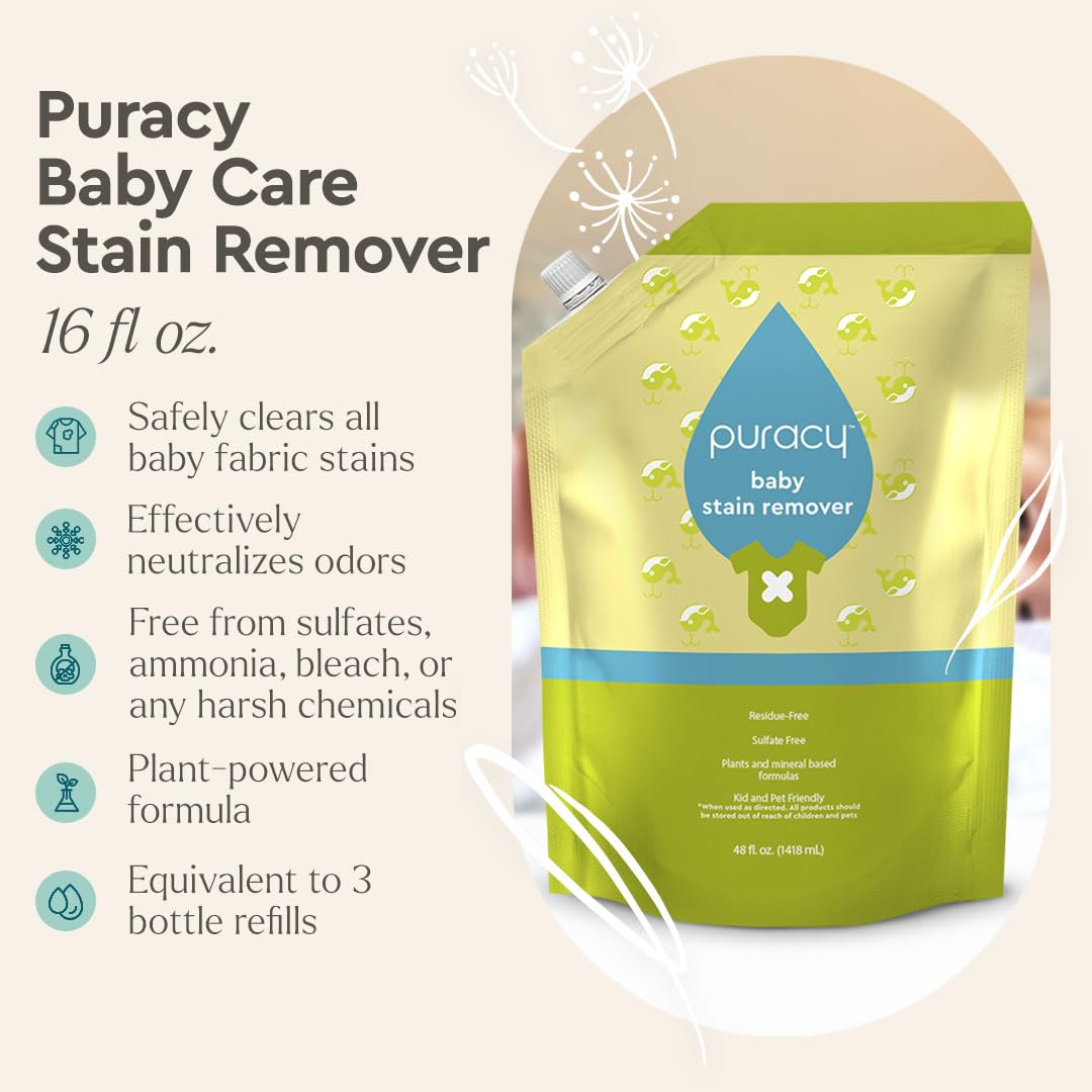 Puracy Natural Baby Laundry Stain Remover Refill 48 fl oz (1420ml) - Unscented Enzyme Cleaner - Baby Spot Cleaner - Plant-Based, Grease Oil Fabric Cleaner