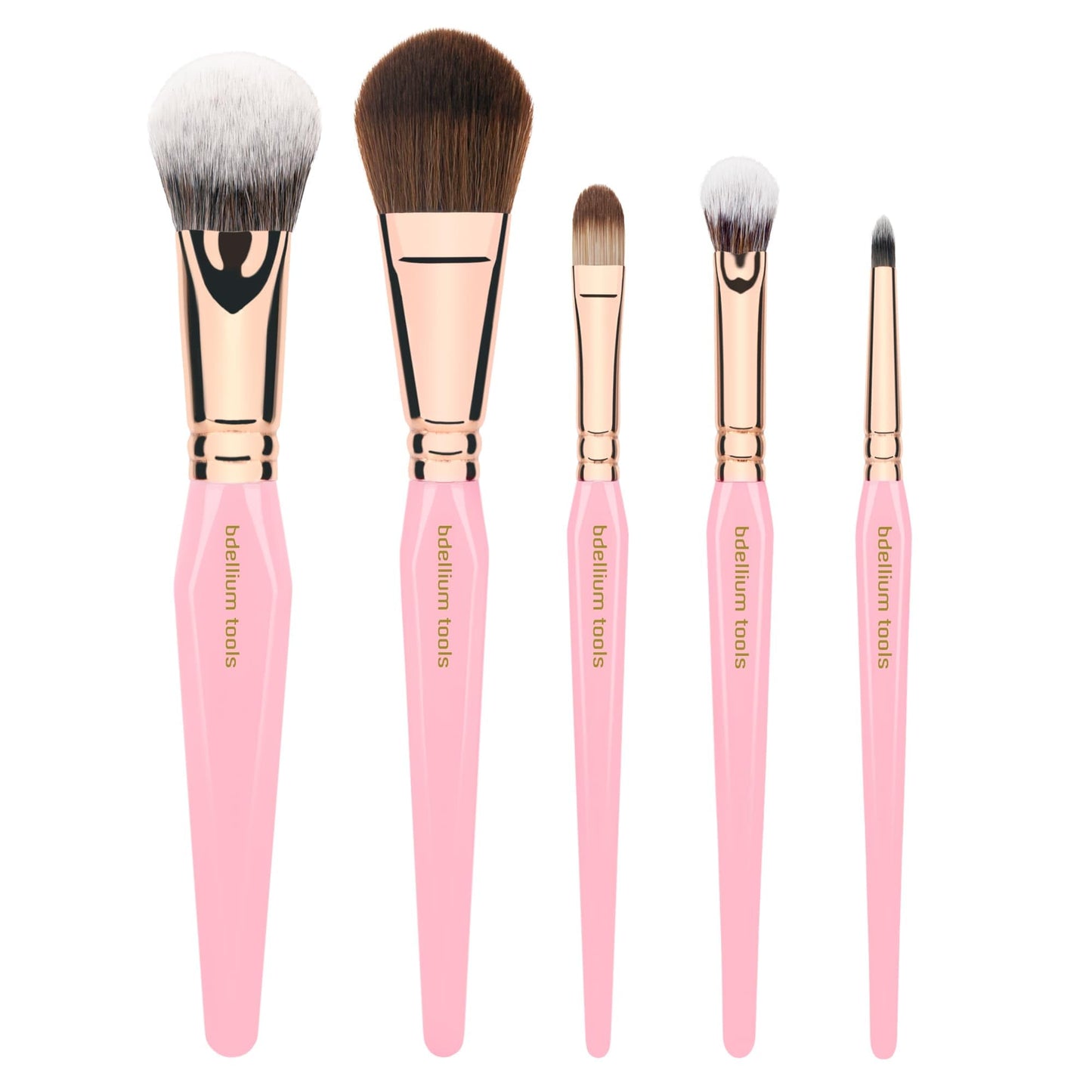 Bdellium Tools Pink Golden Triangle Face & Eyes Makeup Brush Set - Well-balanced Brush Set with Soft Synthetic Bristles and Rose Gold Brass Ferrule for a Variety of Looks (Pink, 5 pcs)
