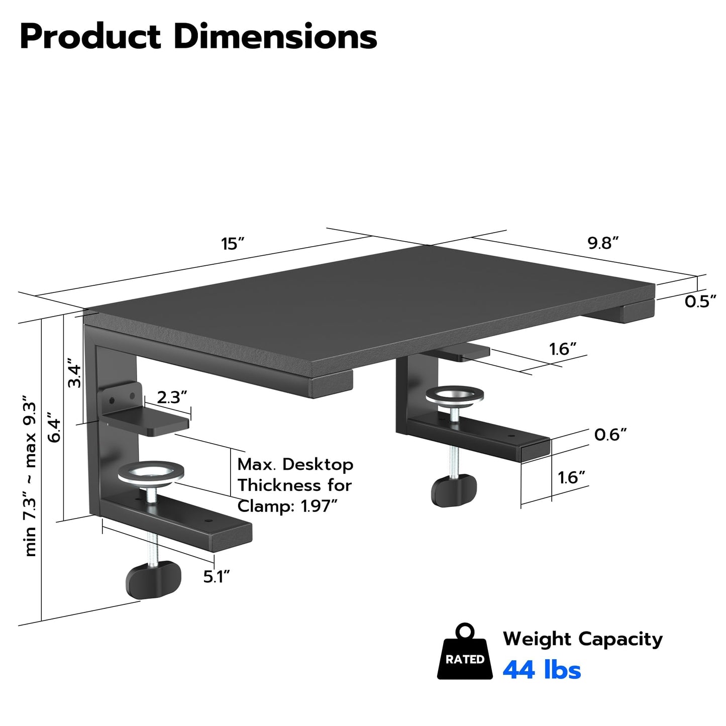 ARES WING 3 in 1 Versatile Clamp on Desk Shelf, 15 inches Desk Extender Shelves, Heavy Duty Desktop Organizer for Gaming and Office Accessories, Black
