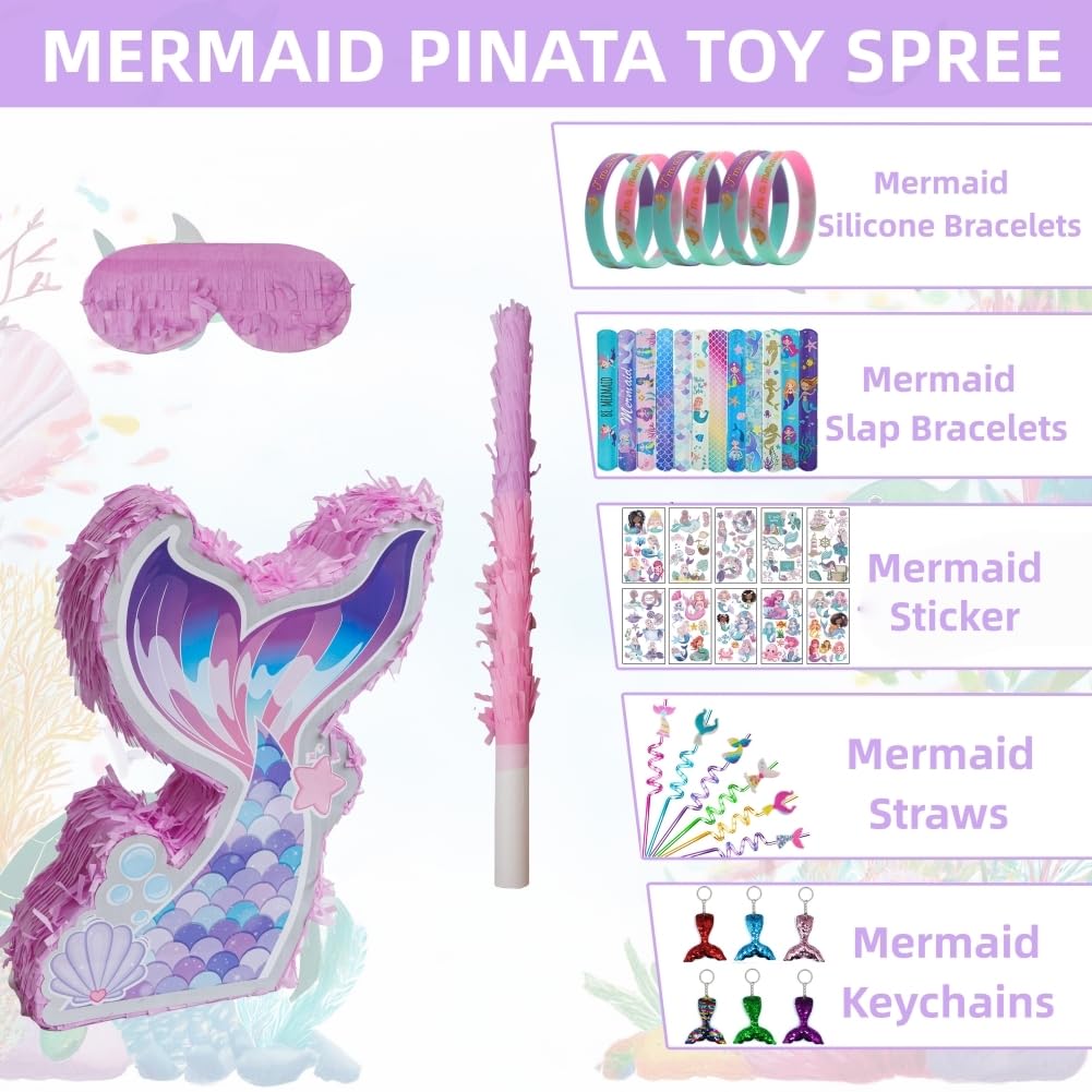 Mermaid Pinata Set for Girls Birthday Party Favors Kids Mermaid Themed Birthday Party Supplies with Mermaid Tail Pinata Stickers Slap Bracelets Keychains Silicone Bands and Straws