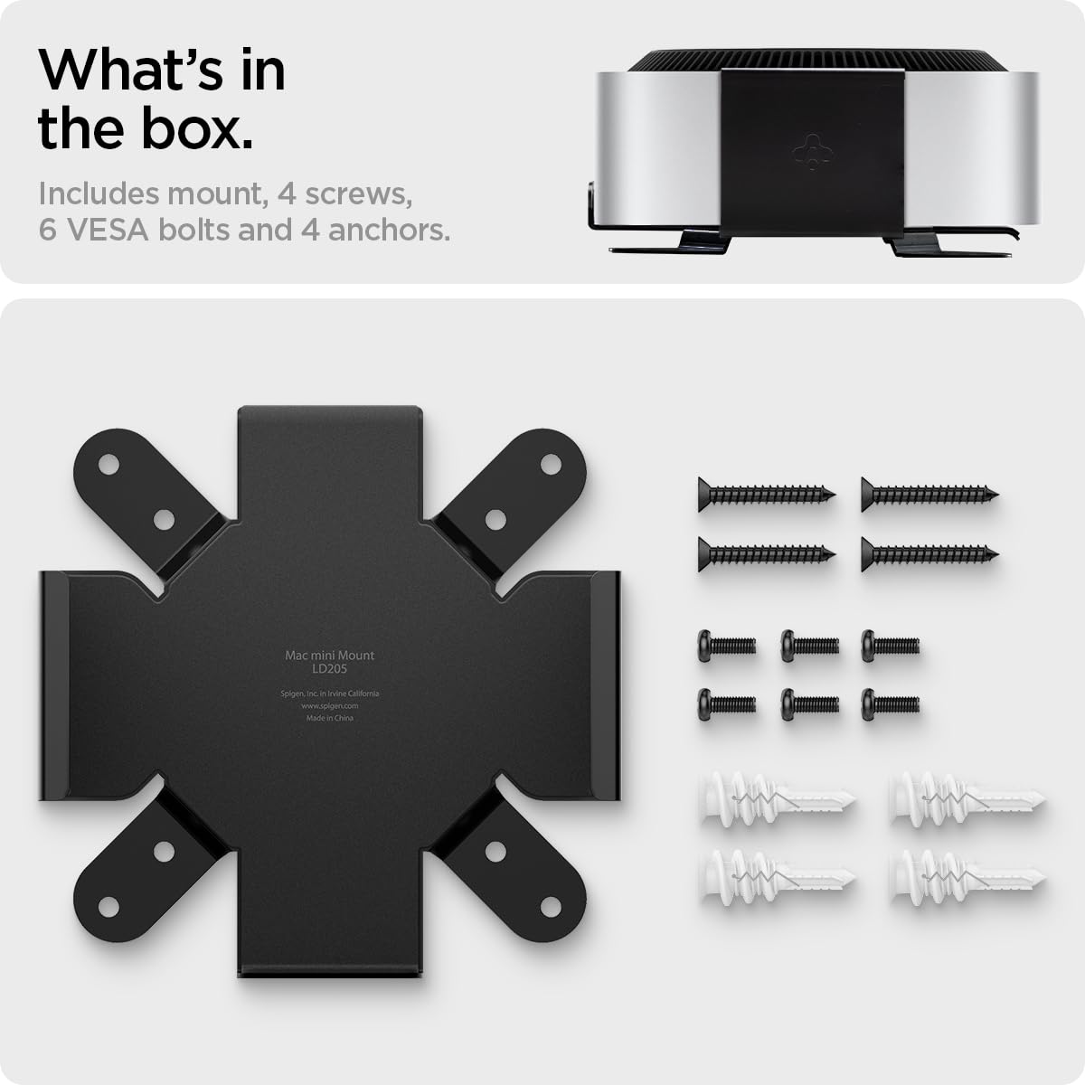 Spigen Mount Designed for Mac mini M4/M4 Pro (2024) VESA Anti-Scratch Behind Monitor, Under the Desk, Wall Stand VESA Hole Strong Adhesive LD205 - Black