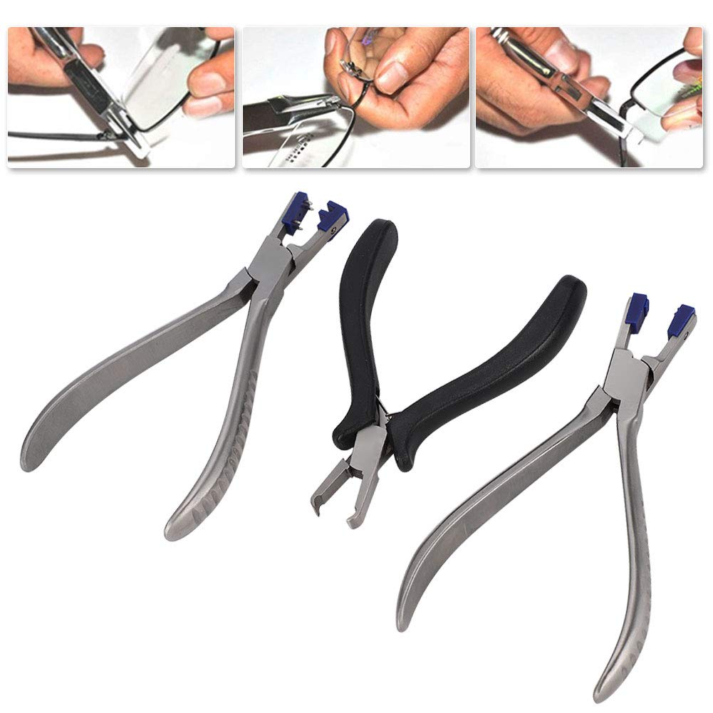 Tiiyee Rimless Eyeglasses Plier, Glasses Frames Optical Tools Kit Adjusting Repairing Tools Professional Repair Disassembly Silhouettes Plier with Storage Box for Optician Assemble Disassemble 3pcs