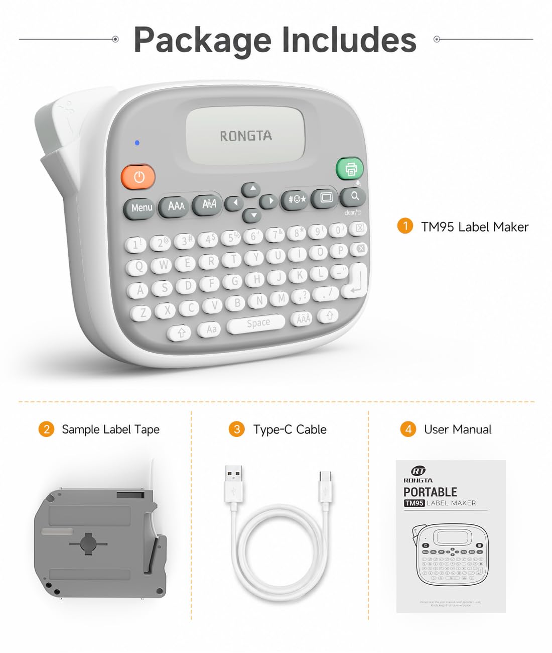 Rongta Label Maker Machine with Tape, Bluetooth Label Waterproof Labels, TM95 12mm Portable Labeling Maker Home Organization for Office School Teacher Supplier (Label Maker with 1 Tape, White)