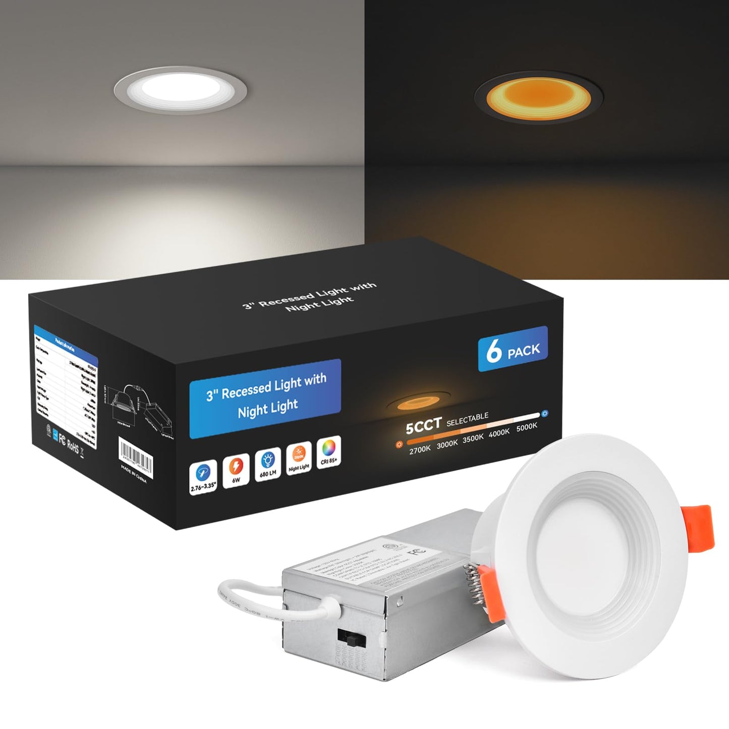 CycevSun 3 Inch Pot Lights, Switchable Night Light & Main Light, 5 Color Temperatures 2700K-5000K, Dimmable Canless Recessed Lighting for Cozy Home Lighting, 6W/2W, ETL, 6 Pack