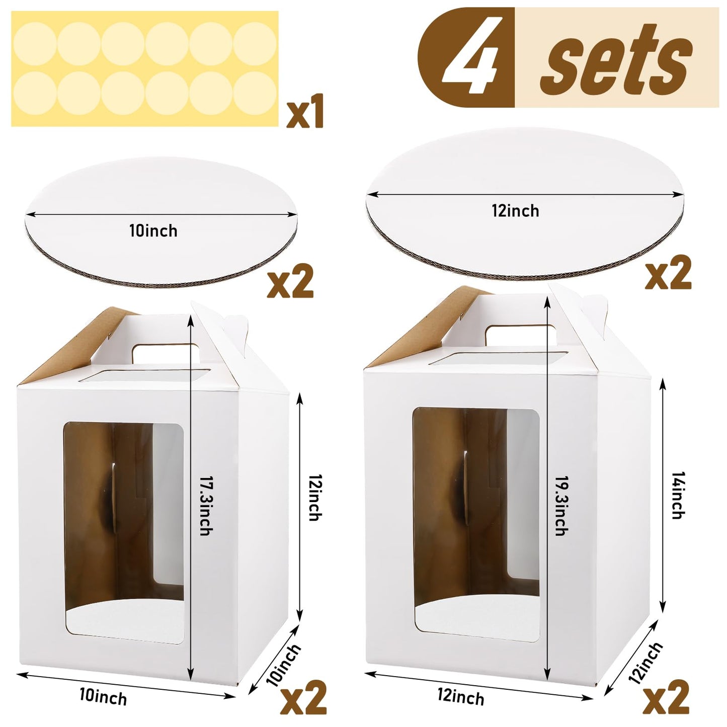 4 Pack Tall Cake Boxes with Windows, Large Tiered Cake Boxes 2 Sizes 10x10x12 & 12x12x14 Inch Tier Cake Carrier with 4 Cake Boards, Disposable Cake Containers (PACK 4)