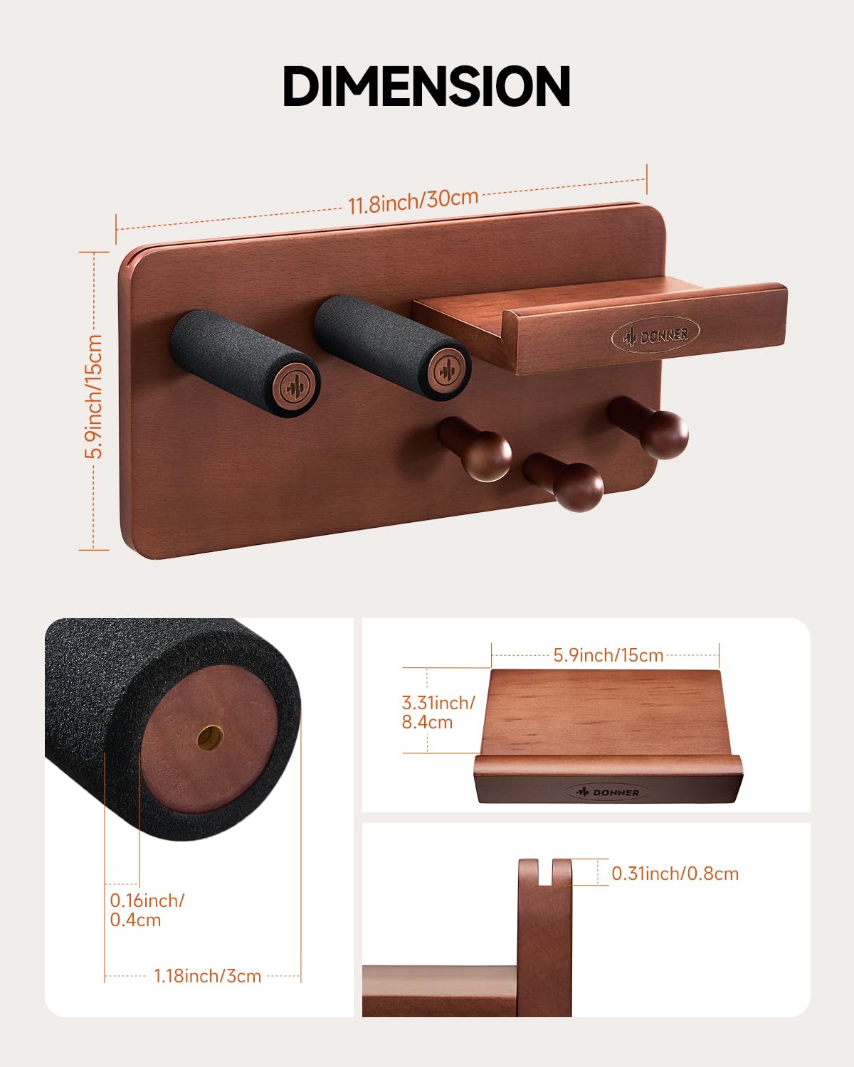 Donner Guitar Wall Mount with 3 Hooks, Wood Guitar Hanger with Shelf and Pick Holder, Wall Stand Rack for Acoustic, Electric, Bass, Ukulele
