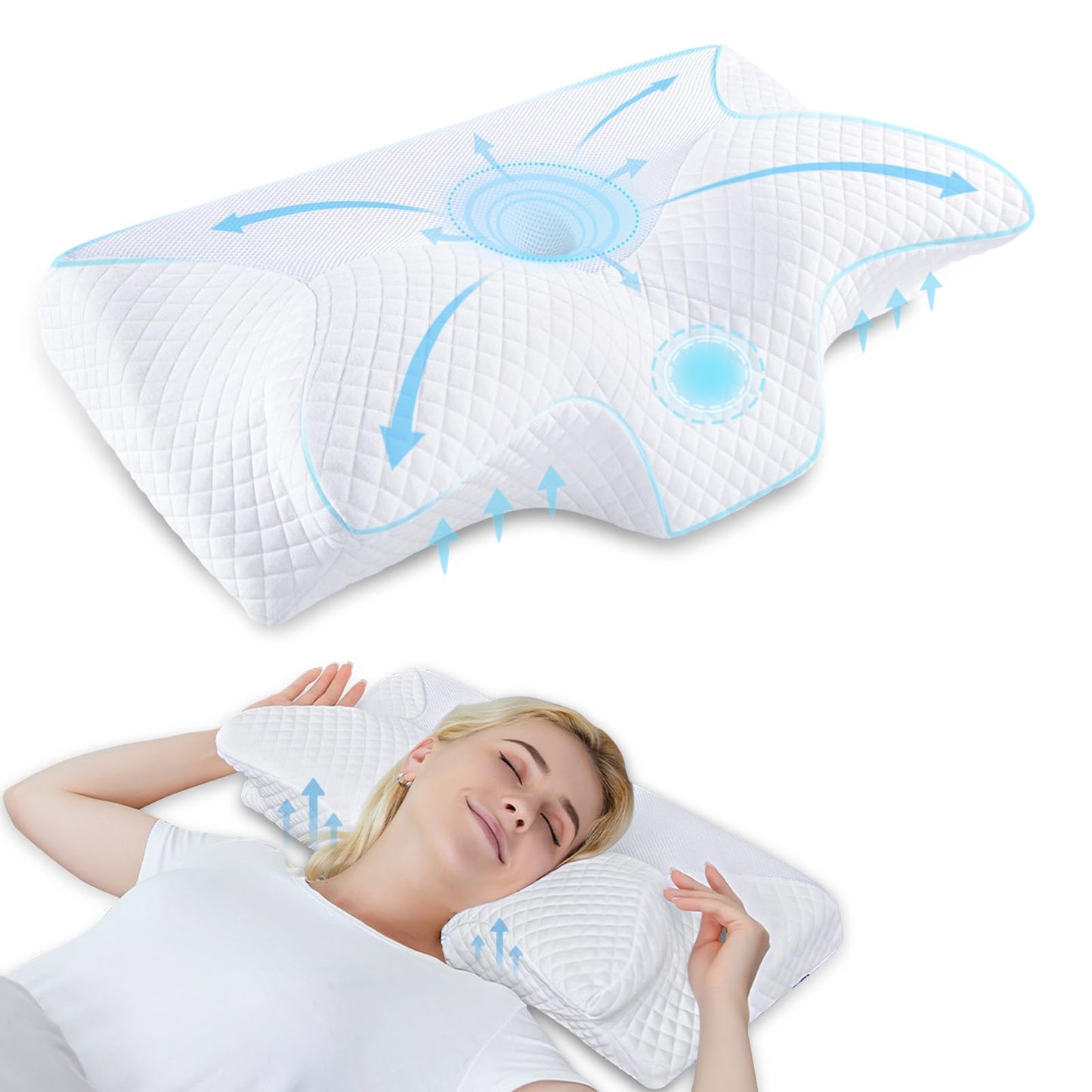 HOMCA Neck Pillow Memory Foam Pillows, Cervical Neck Support Pillow for Side, Back, and Stomach Sleepers, Ergonomic Pillow for Bed Sleeping with Breathable Pillowcase(White)