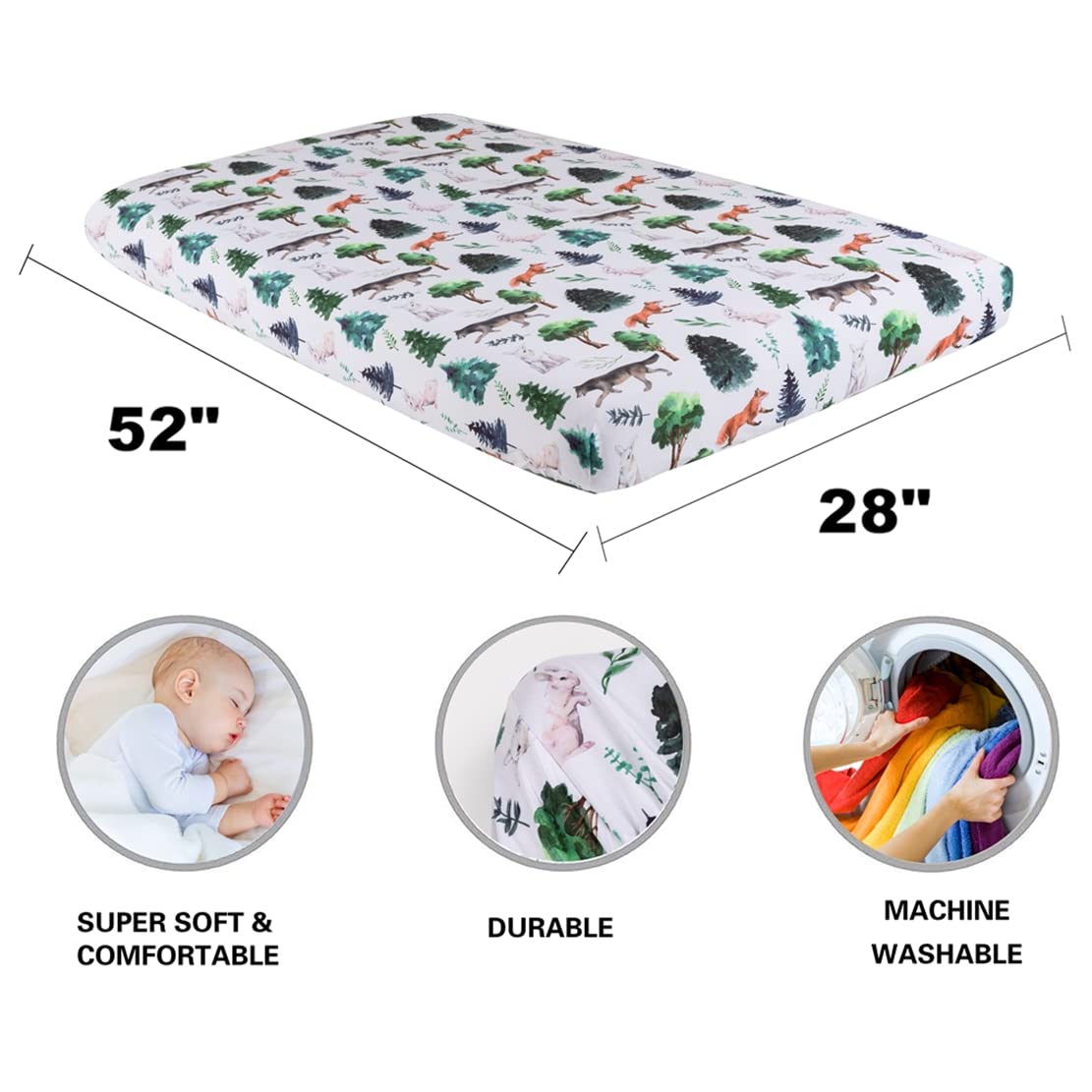 REZIPO 4 Pack Woodland Forest Animals Wood Tree Neutral Unisex Fitted Baby Crib Sheets Set for Baby Boys or Girls