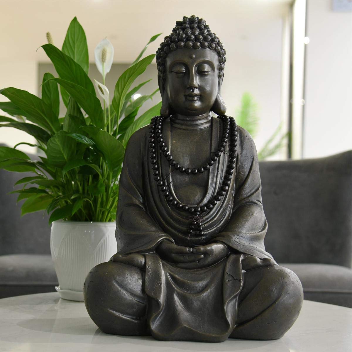 Goodeco Meditating Buddha Statue Figurine Sculpture - Indoor or Outdoor Zen Decor for Home/Garden with Natural Wood Beaded Necklace,Polyresin,Antique Bronze Look (11.4 inch)
