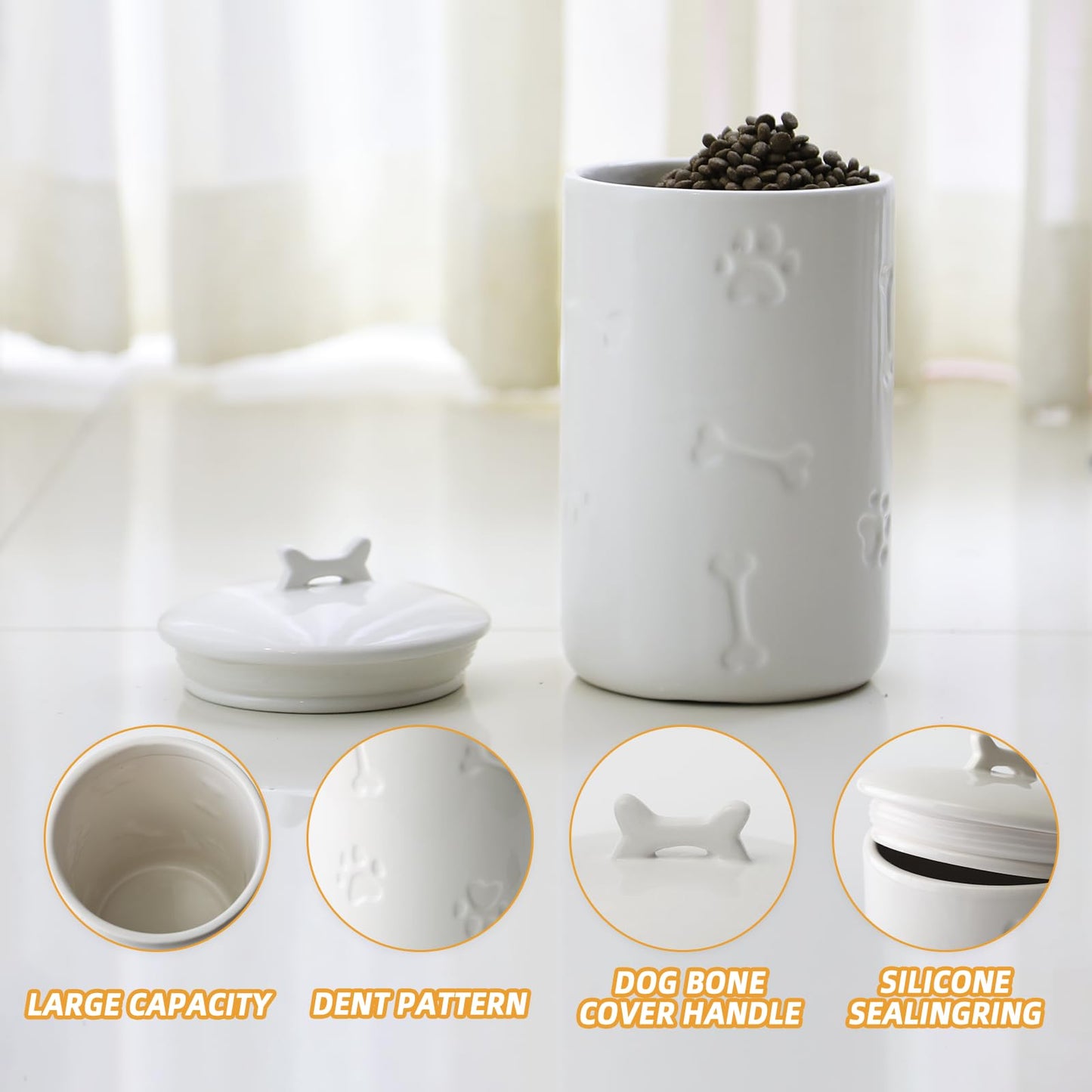 NIXBYO Ceramics Dog Food Storage Container, 5" Round x 9" Tall Cat Dog Pet Treat Jar, with Rubber Sealing Ring Cup Lid and Bone Handle,White for Small, Medium and Large Dogs Cookie Jar