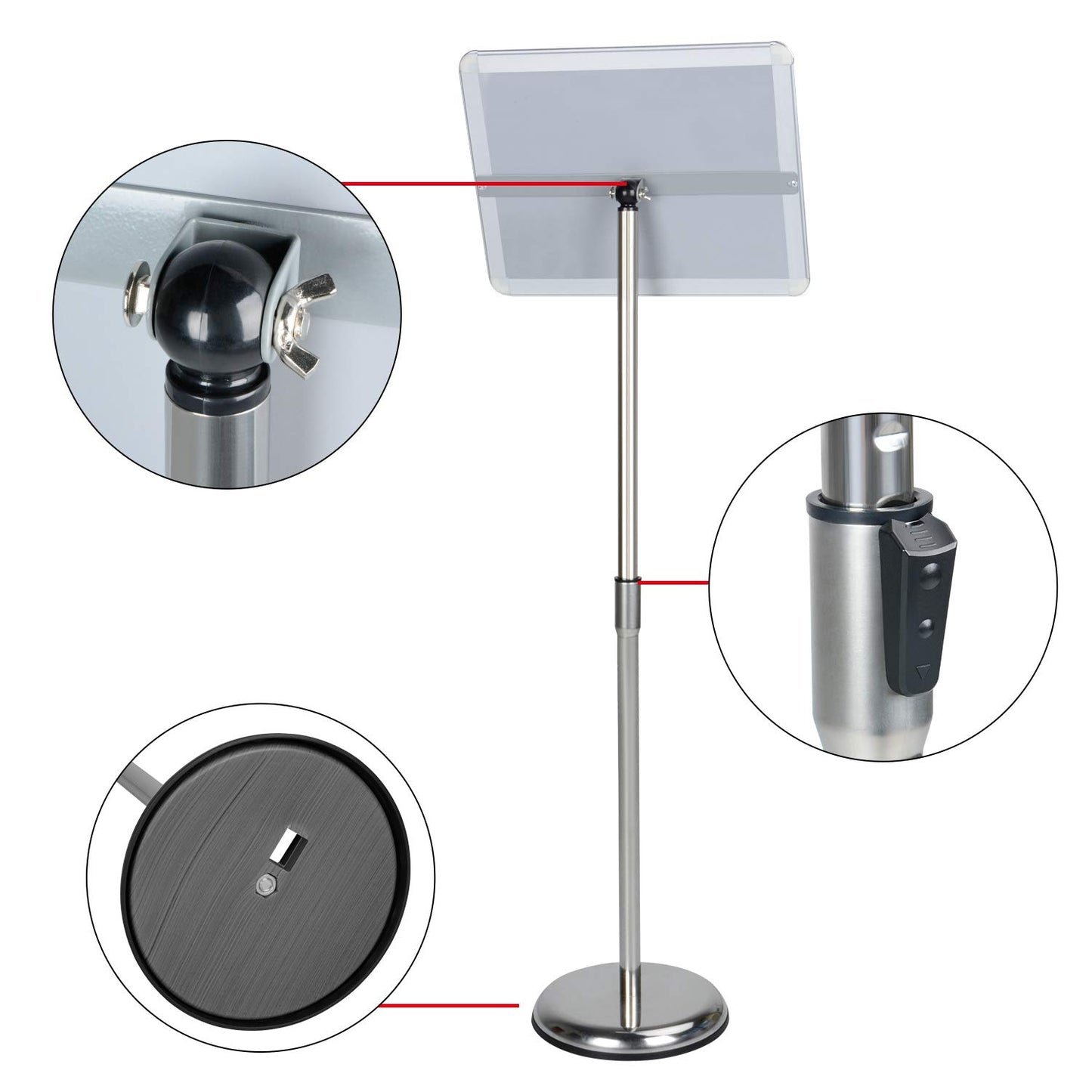 AkTop Adjustable Poster Sign Stand, 11 X 17 Inch Heavy Duty Pedestal Floor Standing Sign Holder, Silver Snap-Open Aluminum Frame with Safety Rounded Corner