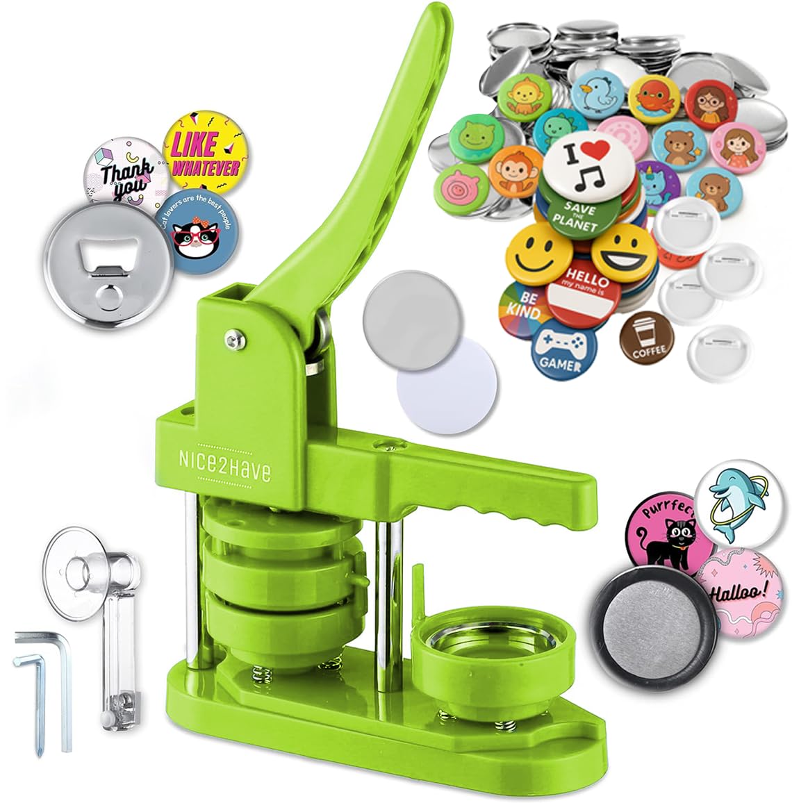 Button Maker Machine – 2.25 Inch (58mm) – Single Mold, Pin Maker Machine Kit with 100 Buttons, 5 Fridge Magnets, 5 Bottle Openers, Cutters, and 500+ Button Designs for DIY Crafts, Green