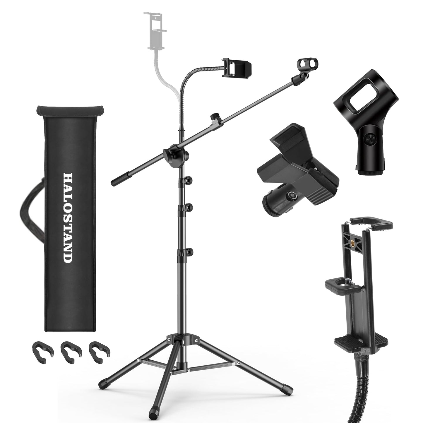 Microphone Stand with IPAD Clip, Floor Foldable Mic Stand with Phone Clip,Heavy Duty Tripod Boom Arm with 2 Mic Clips and Carrying Bag for Singing Karaoke Stage