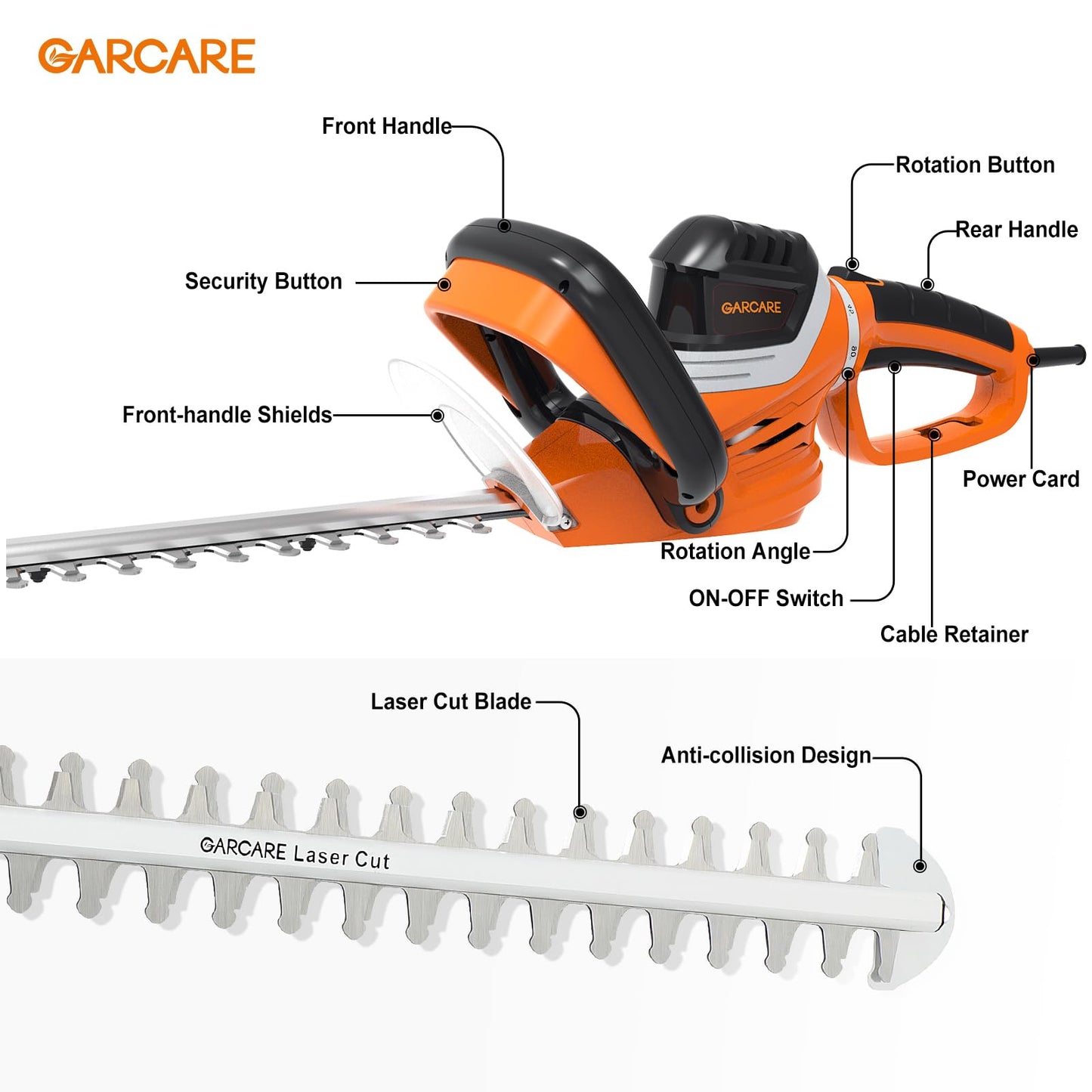 Corded Electric Hedge Trimmers - 4.8A Hedge Cutter | Tree Pruner | Branch Cutter with Rotary Handle, 610mm Laser Cutting Blade, 18mm Cutting Capacity, Blade Cover Included