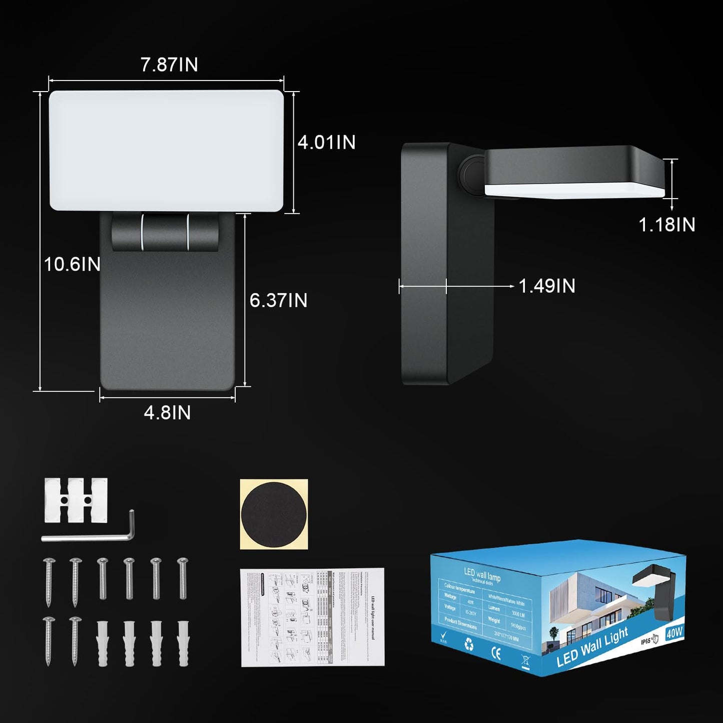 40W LED Wall Lights Outdoor Rotatable 360 Degree LED Wall Pack 4000LM 5000K Security Flood Light Switch Control Waterproof IP65 for Garage Yard Barn Porch