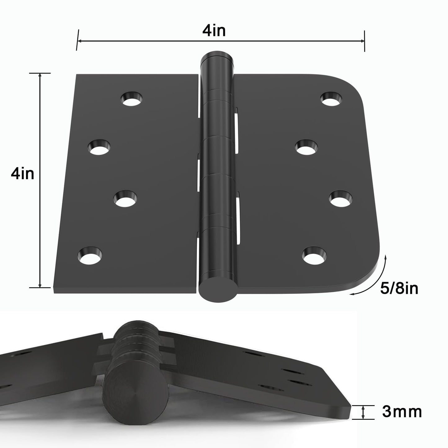 3-Pack Door Hinges, Stainless Steel Ball Bearing Door Hinges, Heavy Duty Door Hinges, 4" X 4" with 5/8" Radius Corner, (Matte Black)