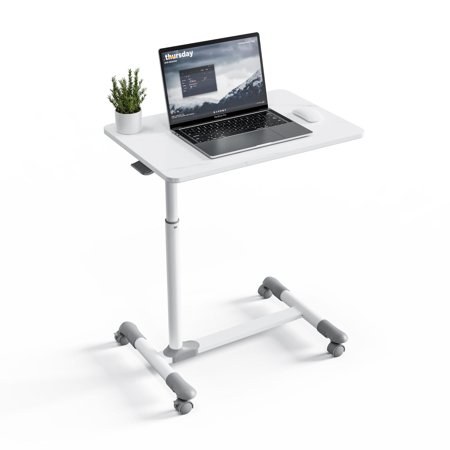 ETHU Overbed Table with Wheels, Pneumatic Height Adjustable Hospital Bed Table, Overbed Bedside Rolling Tray Table, Laptop Desk for Home and Hospital(Marbling White)