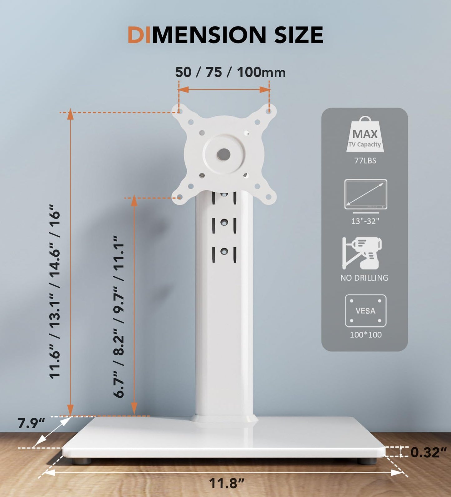 Single LCD Computer Monitor Free-Standing Desk Stand Riser for 13 inch to 32 inch Screen with Swivel, Height Adjustable, Rotation, Holds One (1) Screen up to 77Lbs(HT05W-001)