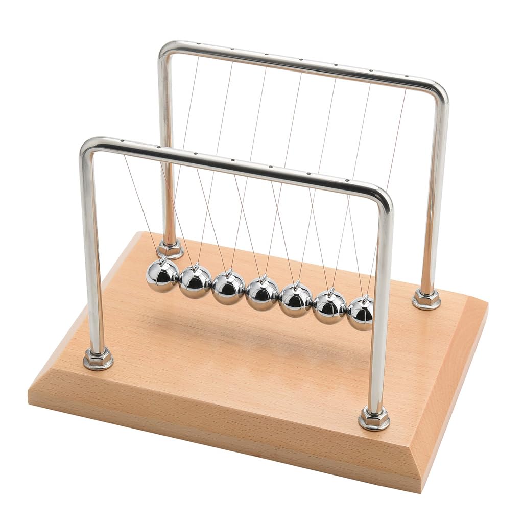 CERROPI Large Newtons Cradle Pendulum with 7 Balls, Physics Perpetual Motion Desk Toys for Office, Calm Down Fidgets, 50+ Sec Swingtime (Beech Base)