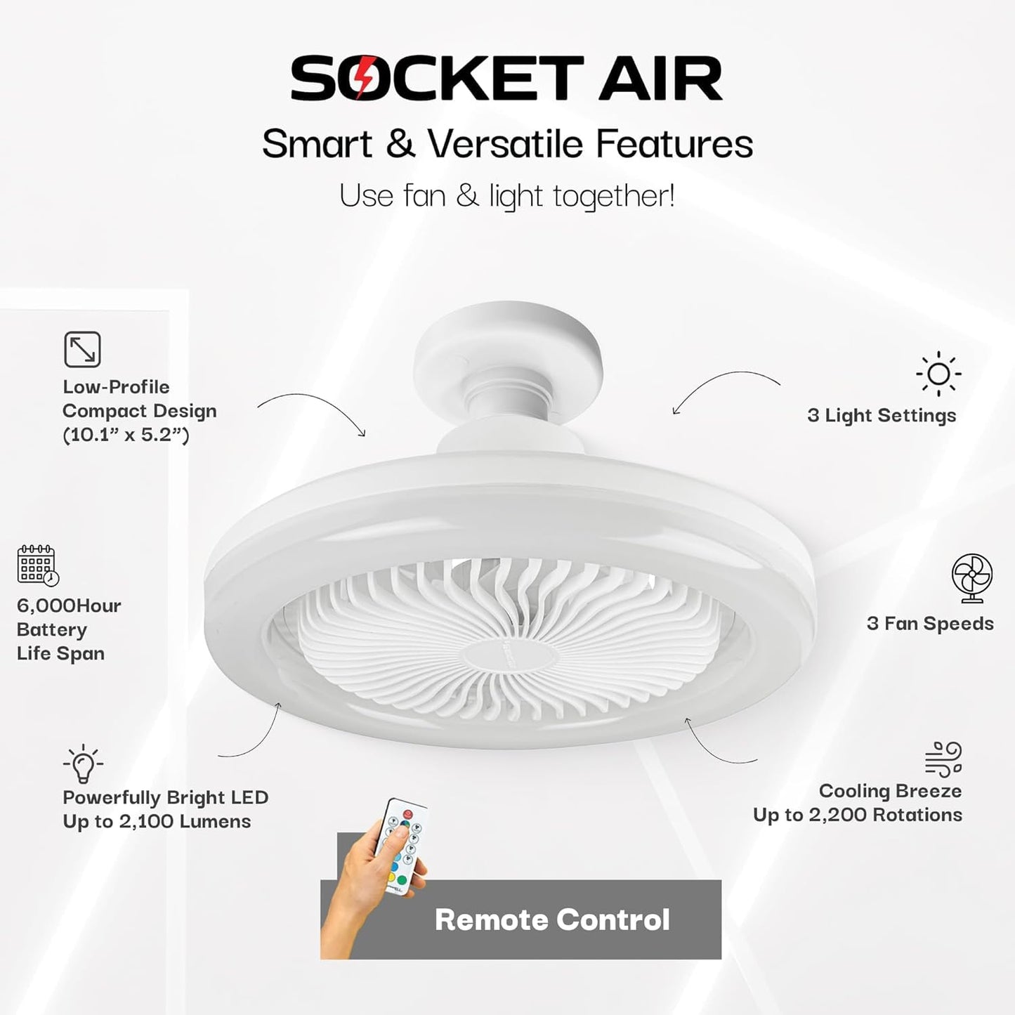 Bell+Howell Socket Air Socket Fan Light – Wireless Ceiling Fan with Lights and Remote, Ventilateur Plafond Avec Lumiere, Ceiling Fans with RGB Lights, 3 Fan Speeds & 3 Brightness Levels As Seen on TV