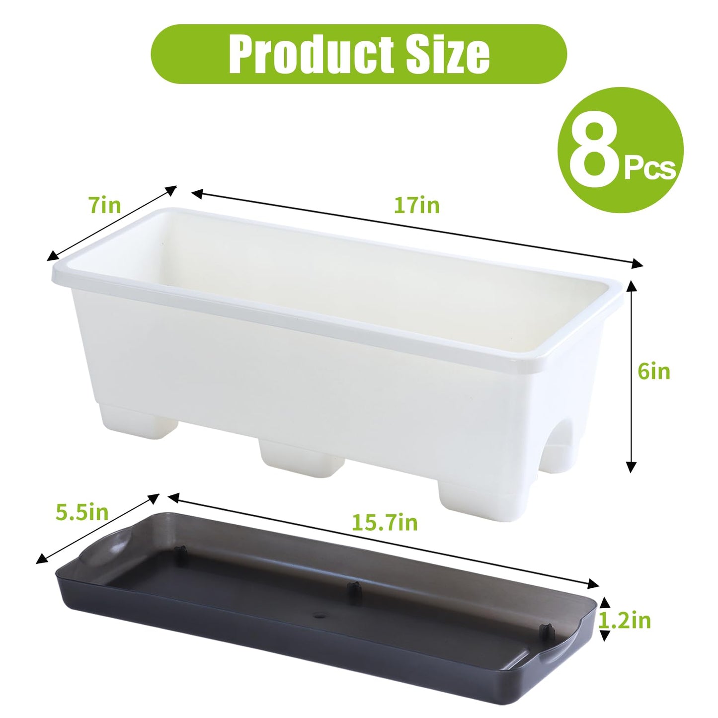 Self-Watering Planters with Drainage Holes & Trays, 8 Pcs 17 Inch Rectangle Window Box, Indoor Outdoor Flower Pots for Garden, Balcony, Patio (White, 17 x 7 x 6 Inch)