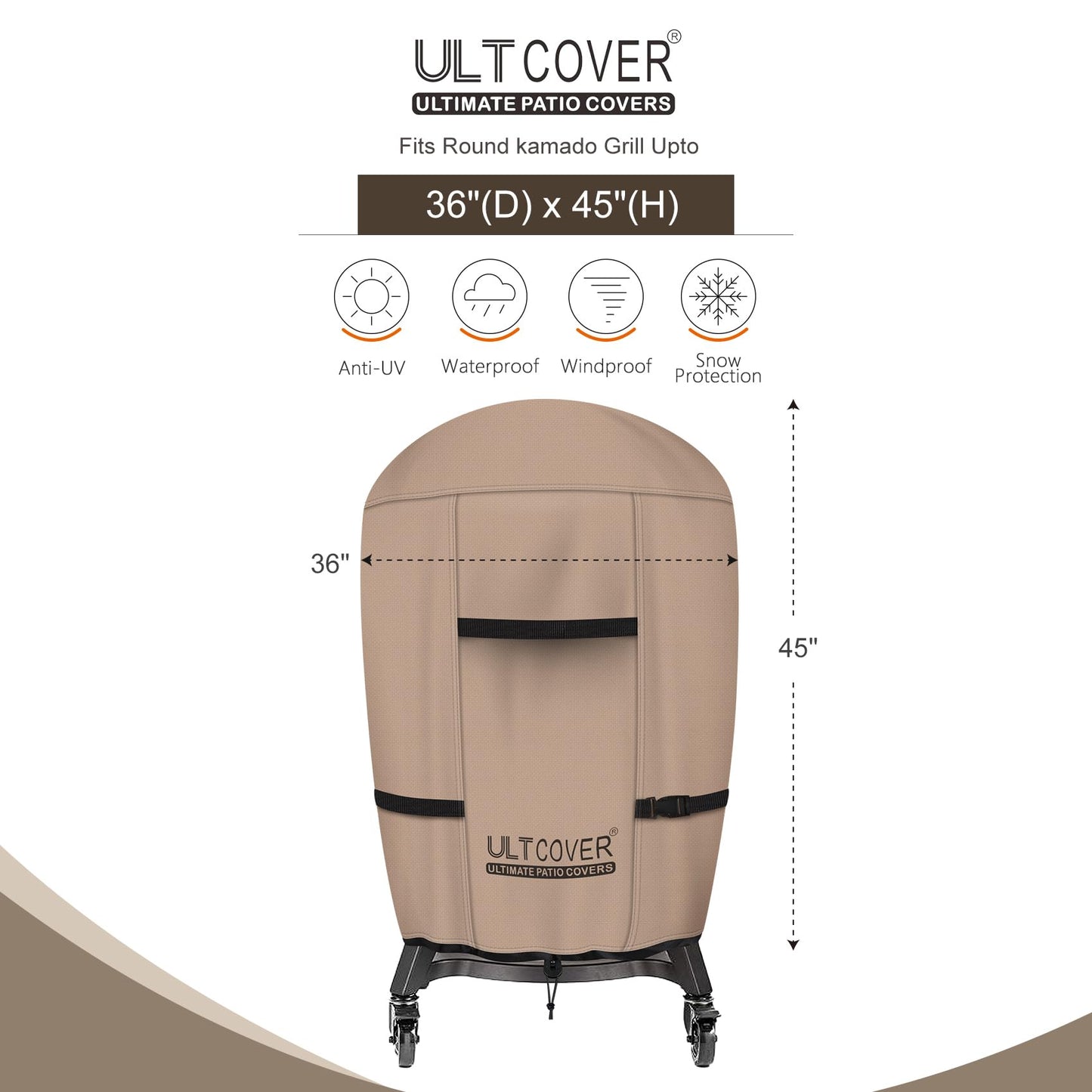 ULTCOVER Outdoor Waterproof Charcoal Kamado Joe Grill Cover for 22-24 inch Big Green Egg Char-Griller Char-Broil and Other Round Smokers Size Up to 36” Dia x 45” H
