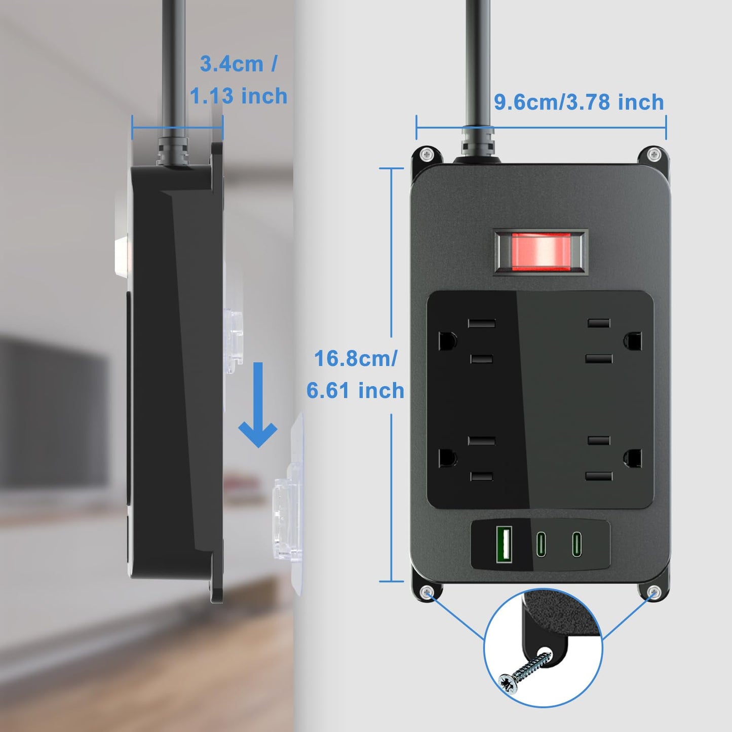 Outdoor Power Bar Waterproof with USB C, 4 Wide AC Outlets Heavy Duty Surge Protector with Flat Plug, Waterproof Shockproof Extension Cord with 2 USB C Port and 1 USB A Port, 6 Ft Cord, Black