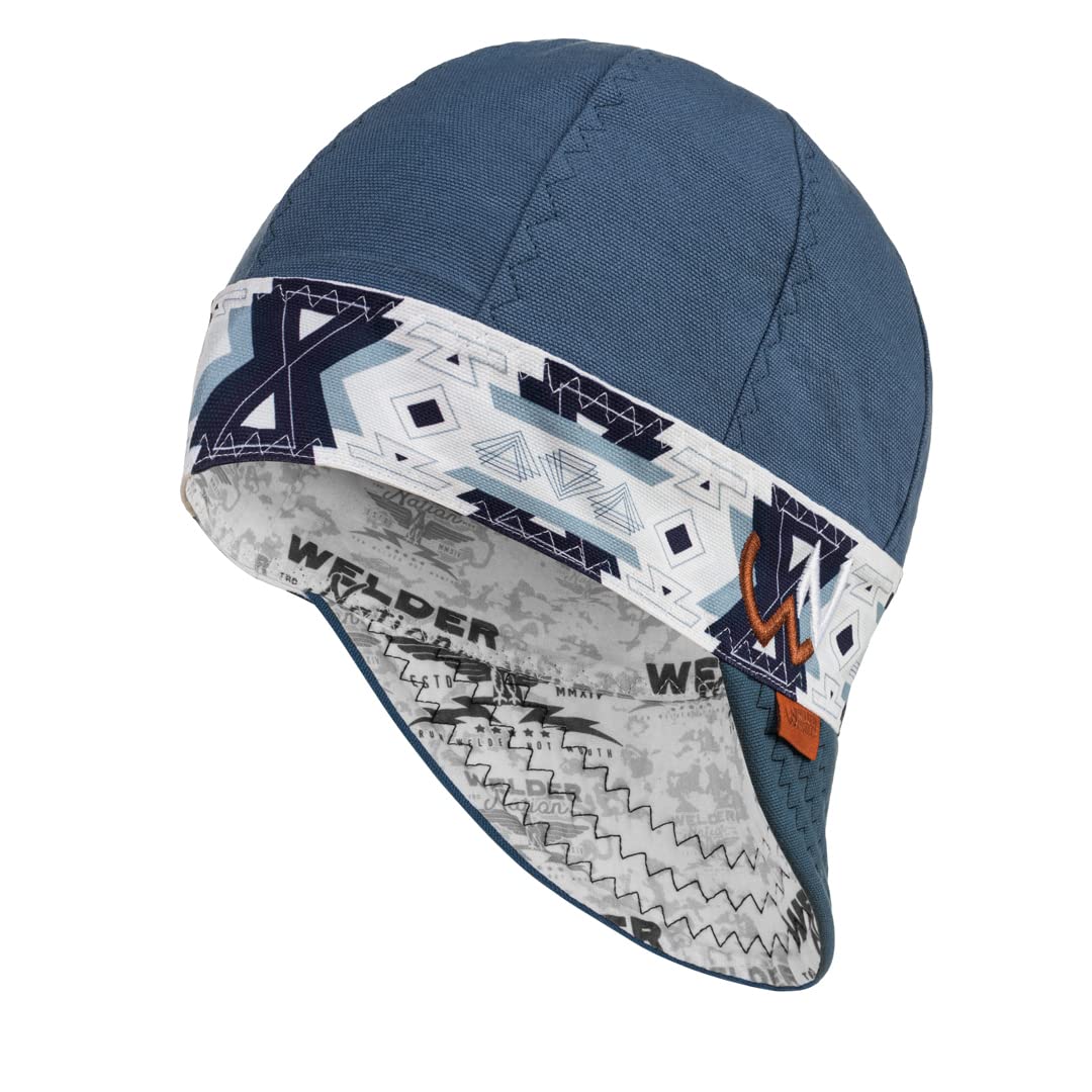 Welder Nation 8 Panel Welding Cap, 100% Cotton, Duck Canvas Exterior, Protective, Durable Men’s Hats with No Unicorn Peak for Welding, Heavy-Duty Jobs - Premium, Comfortable Welder Hat - 10 oz, 7 1/4, The Tucson (Blue), 7 1/4
